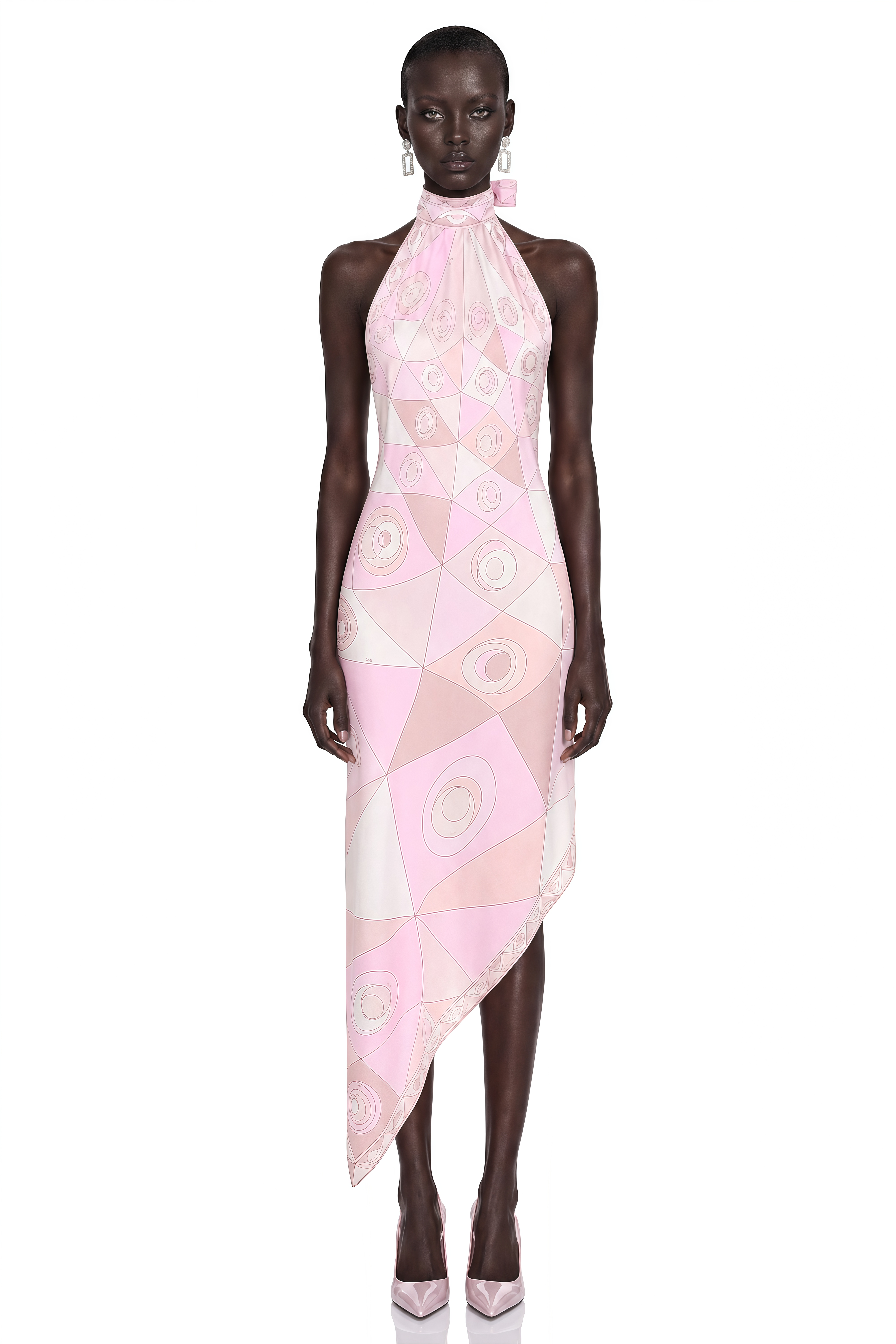 Yasmina Light Pink Geometric Print Halterneck Midi Dress