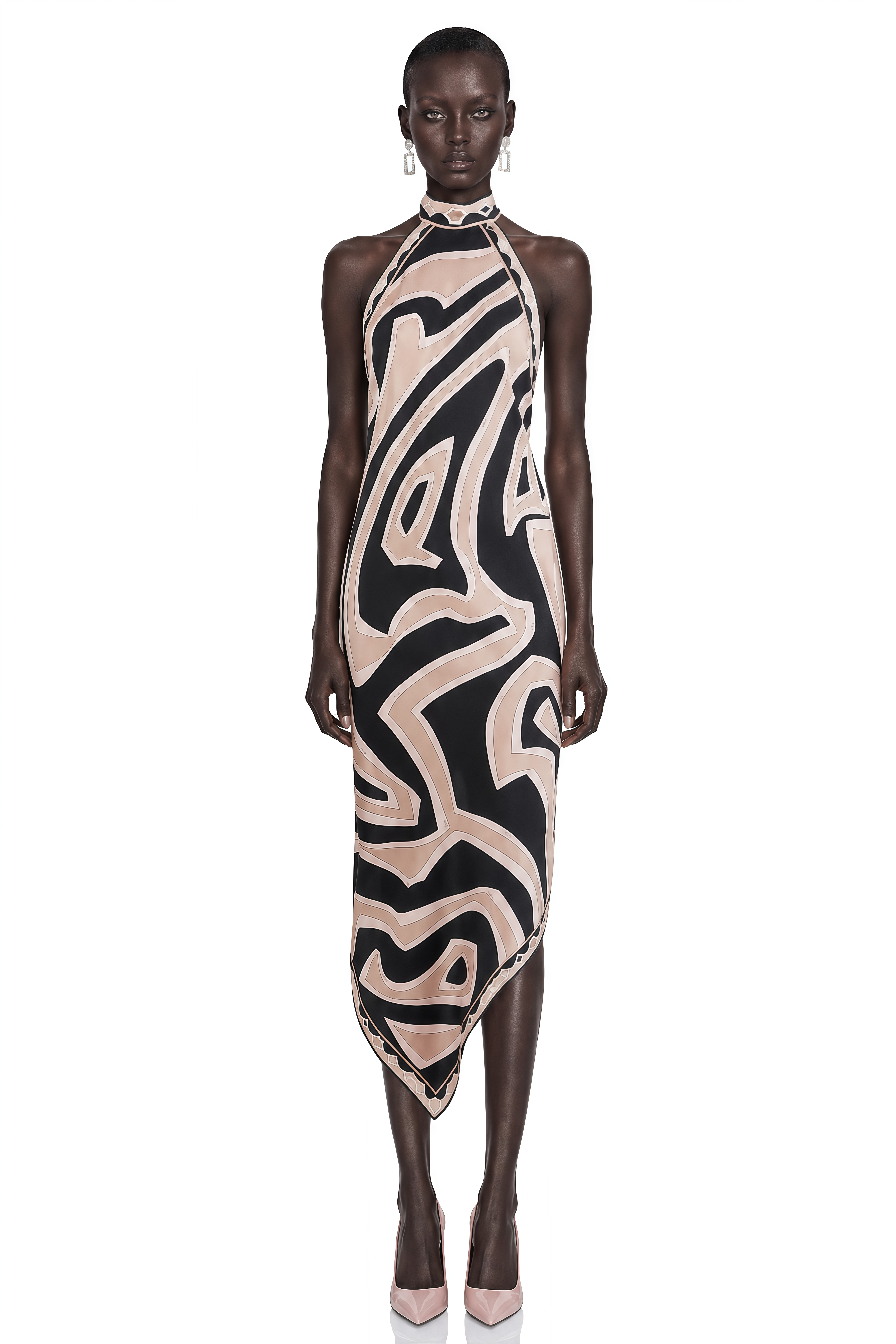 Yasmina Neutral Geometric Print Halterneck Midi Dress