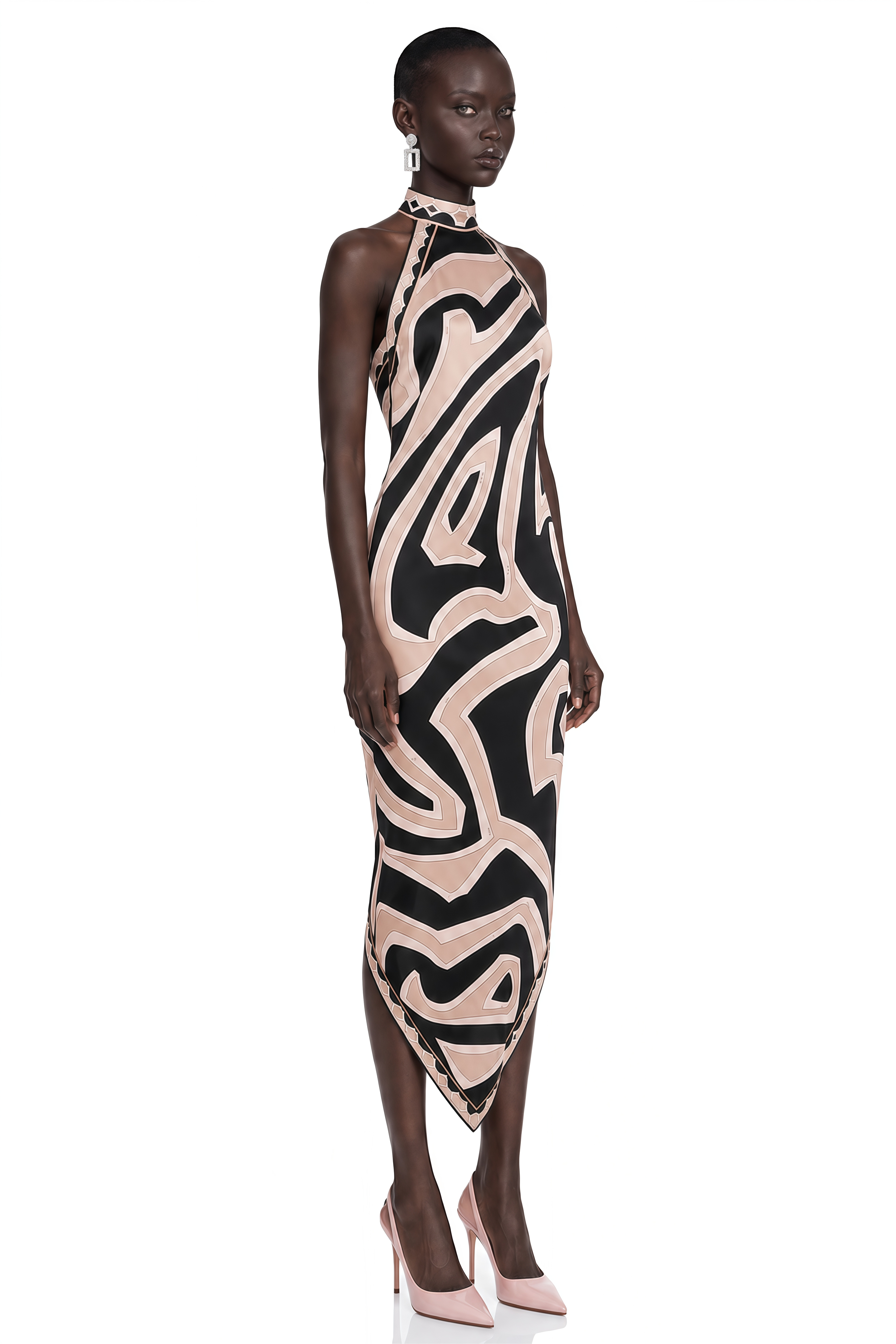 Yasmina Neutral Geometric Print Halterneck Midi Dress