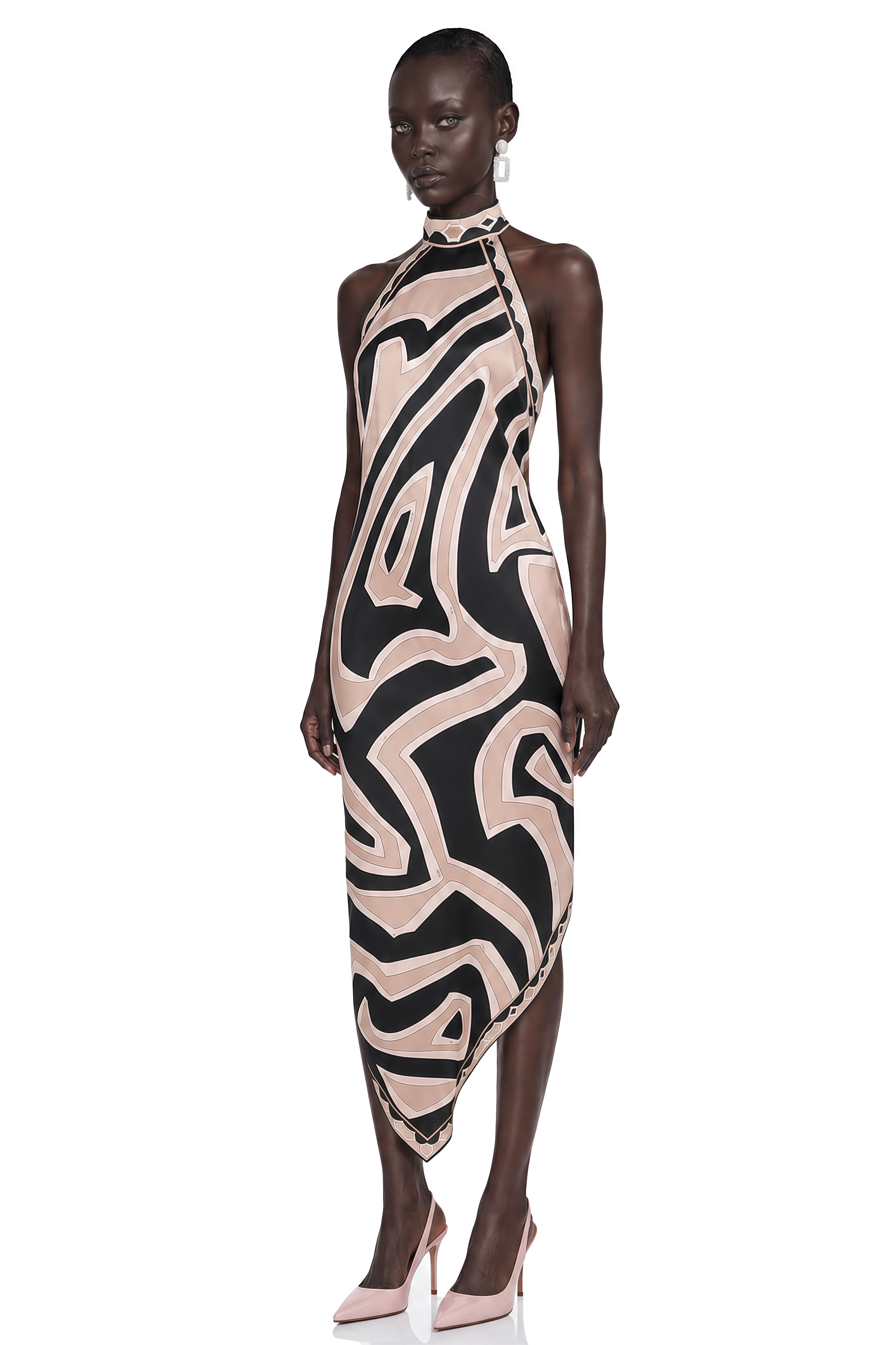 Yasmina Neutral Geometric Print Halterneck Midi Dress
