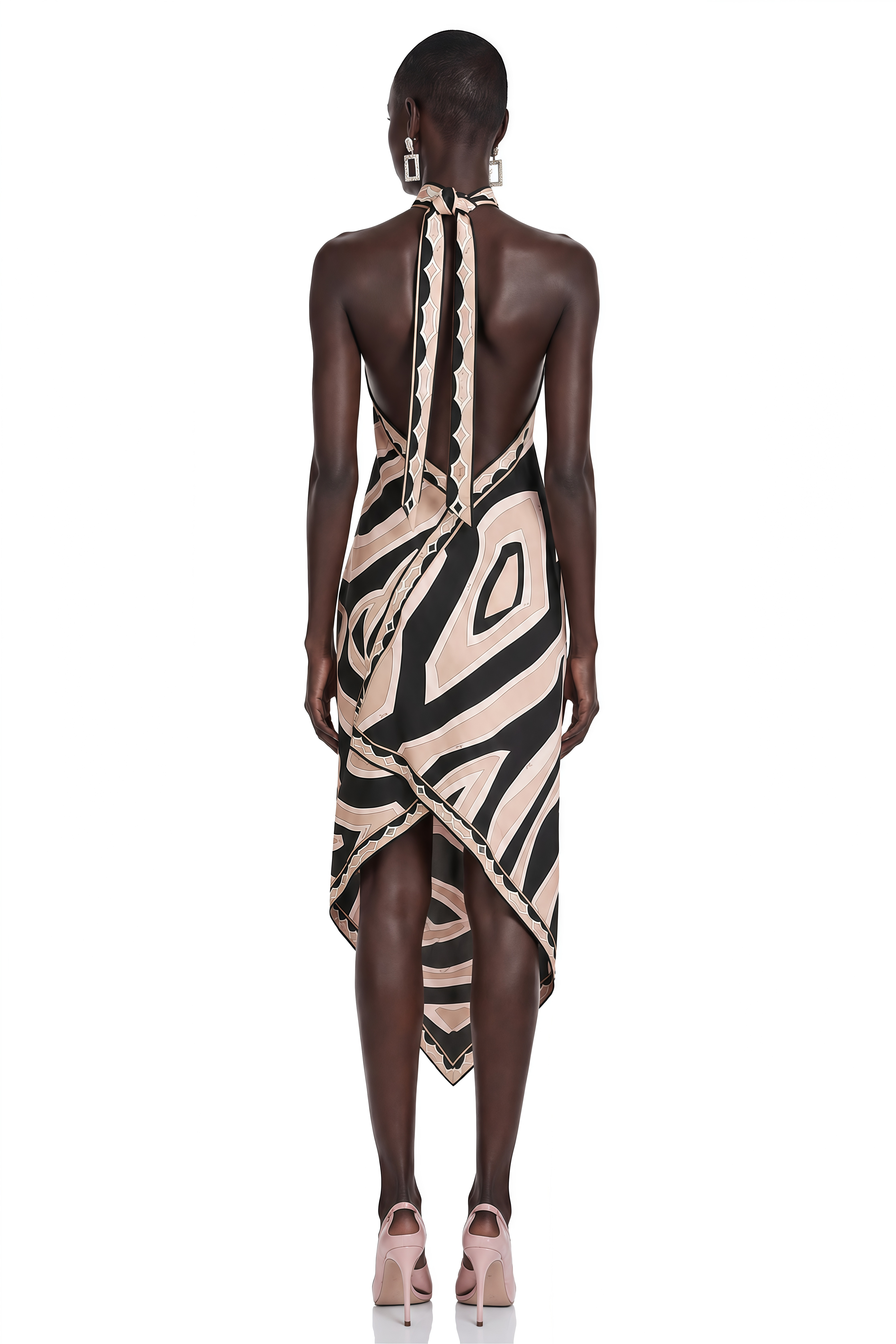 Yasmina Neutral Geometric Print Halterneck Midi Dress