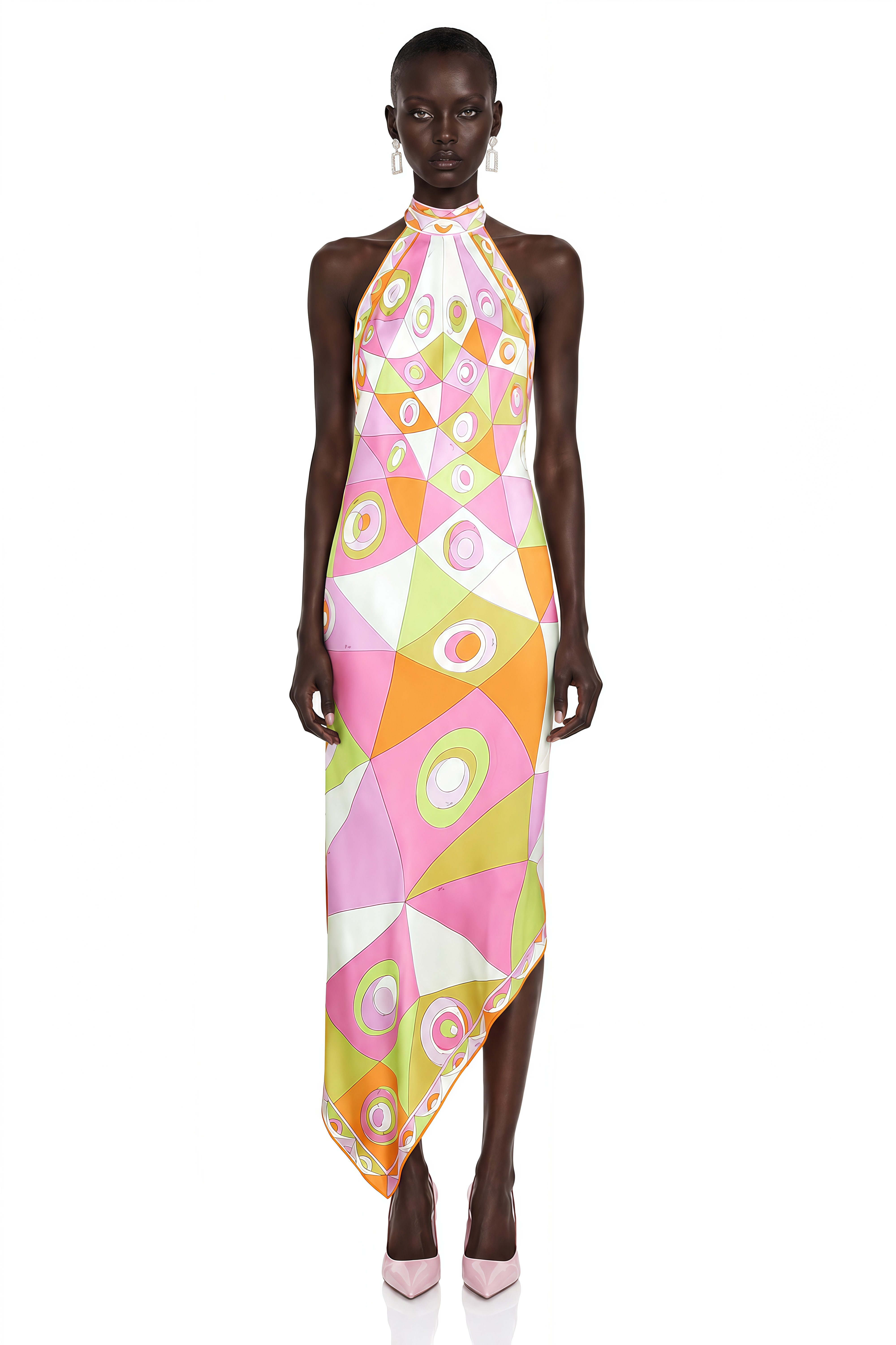 Yasmina Orange Geometric Print Halterneck Midi Dress