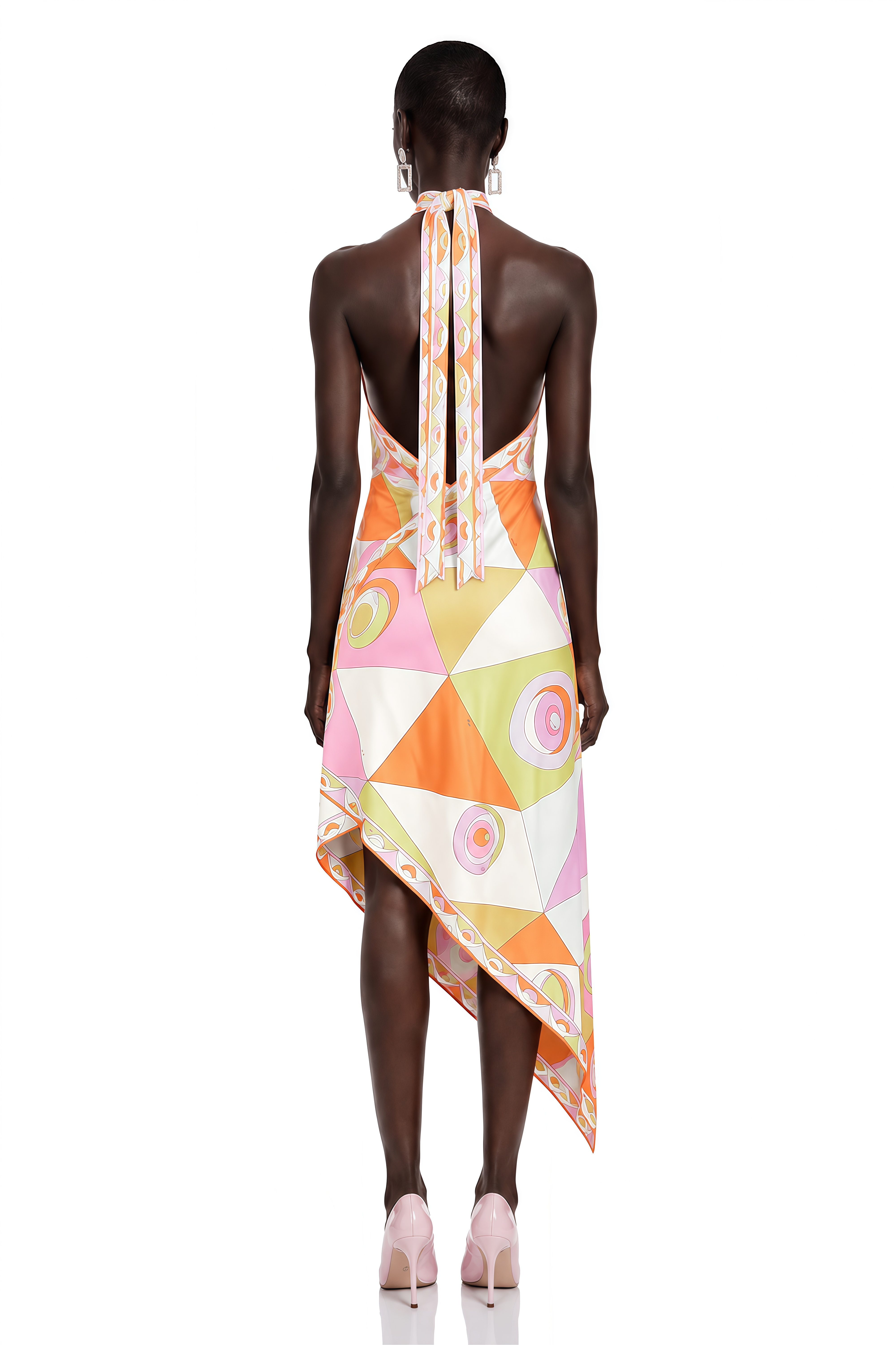Yasmina Orange Geometric Print Halterneck Midi Dress