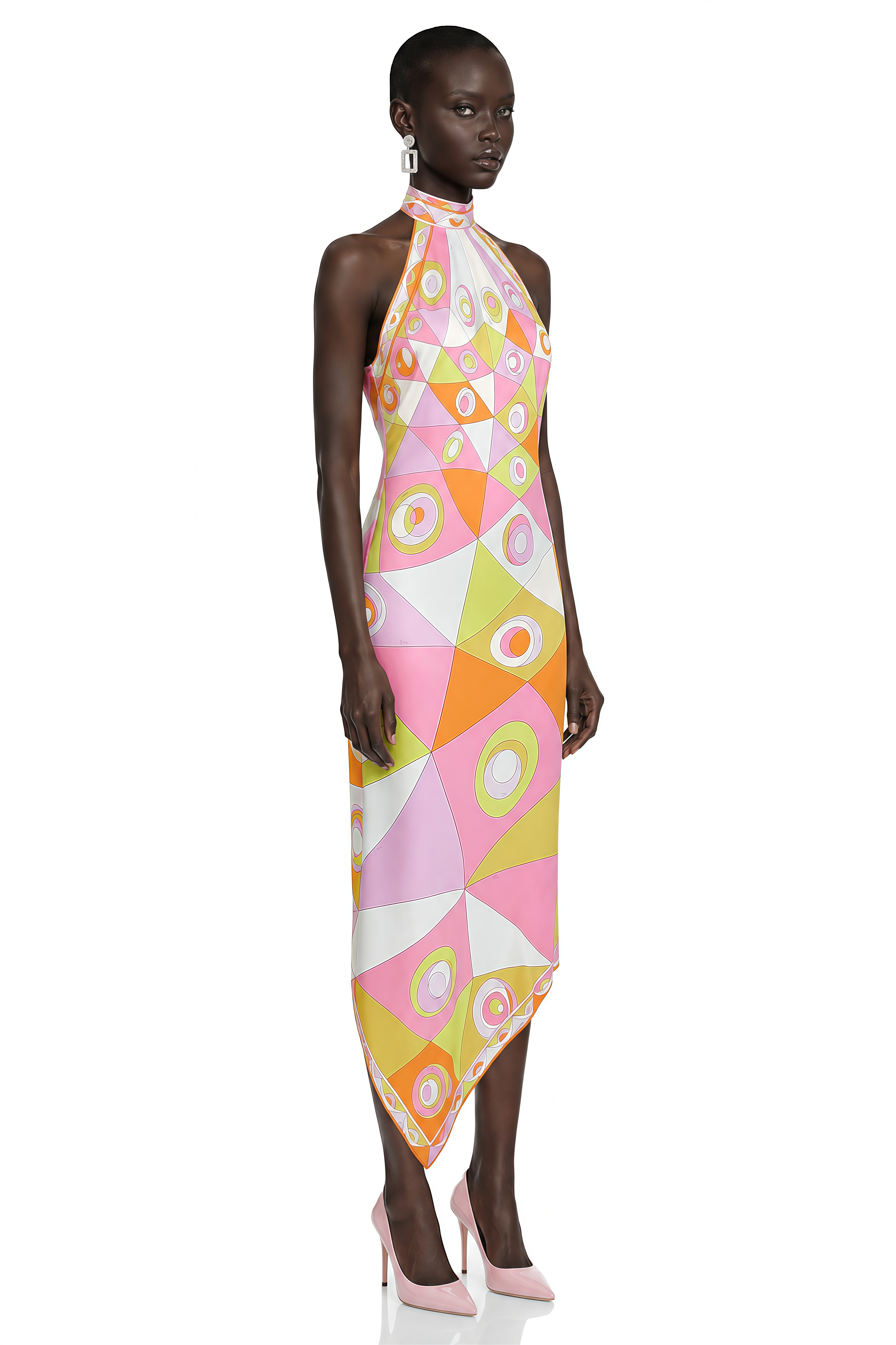Yasmina Orange Geometric Print Halterneck Midi Dress