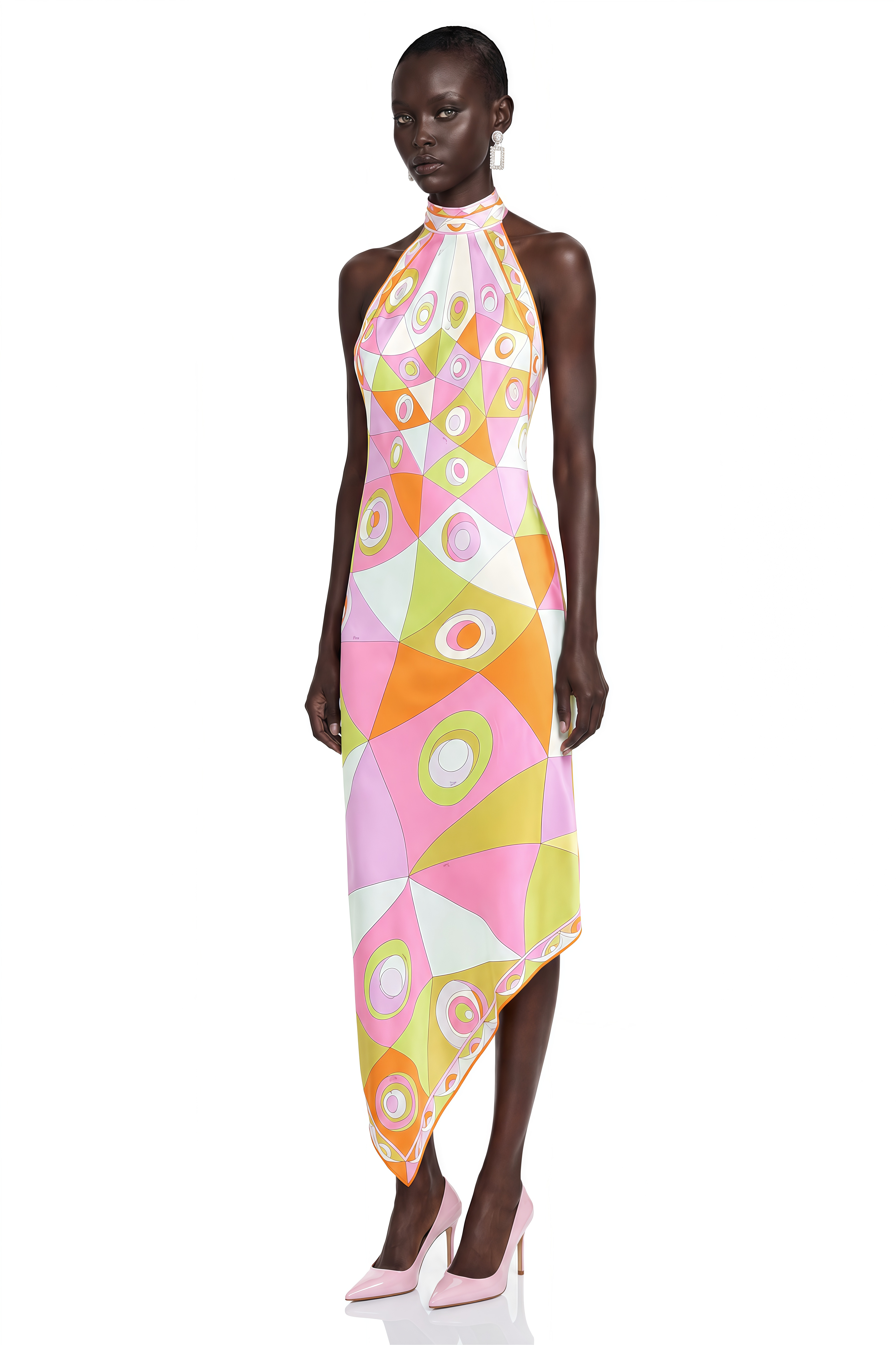 Yasmina Orange Geometric Print Halterneck Midi Dress