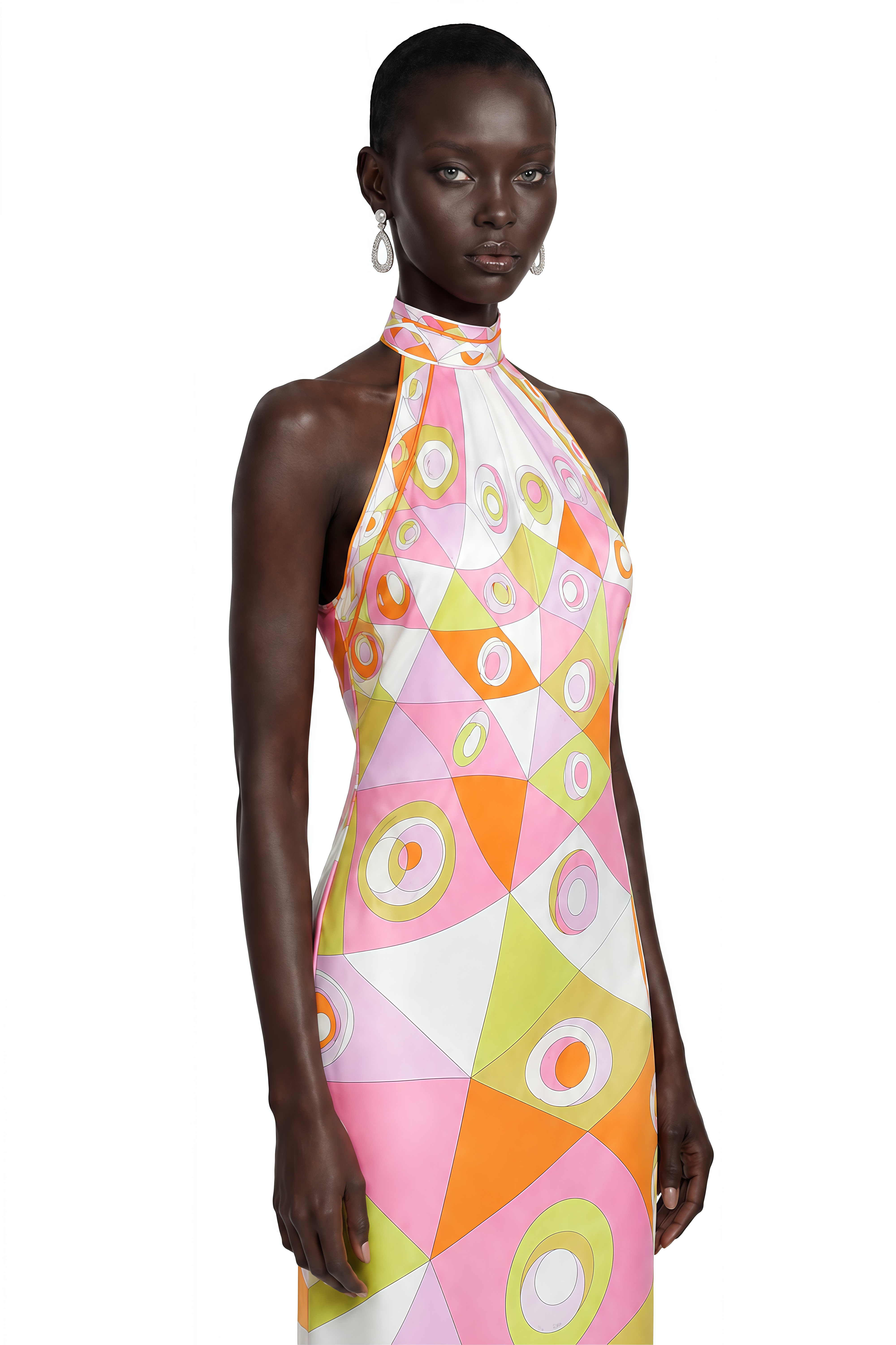 Yasmina Orange Geometric Print Halterneck Midi Dress
