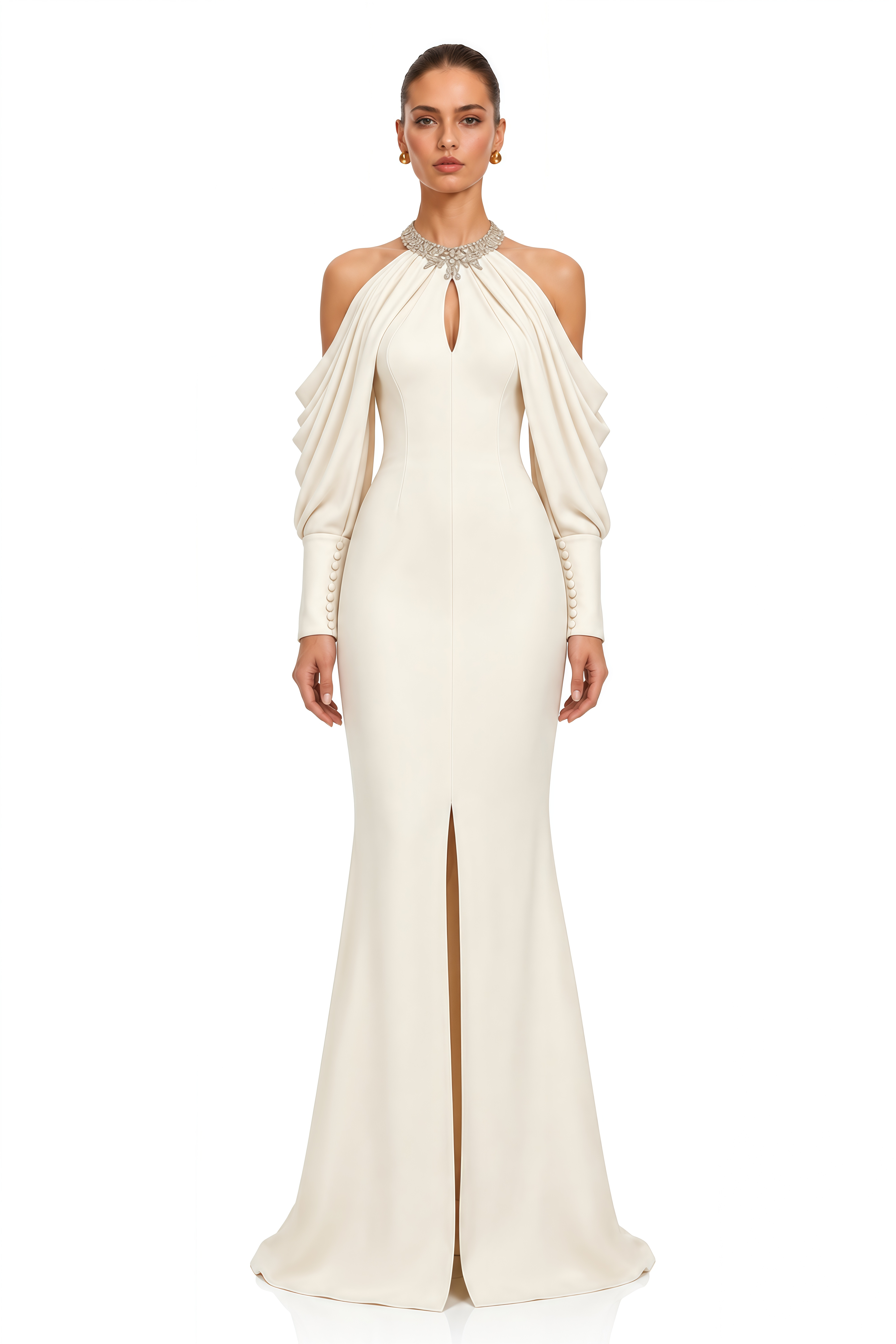 Yovana Neutral Embellished Cold-Shoulder Slit Maxi Dress