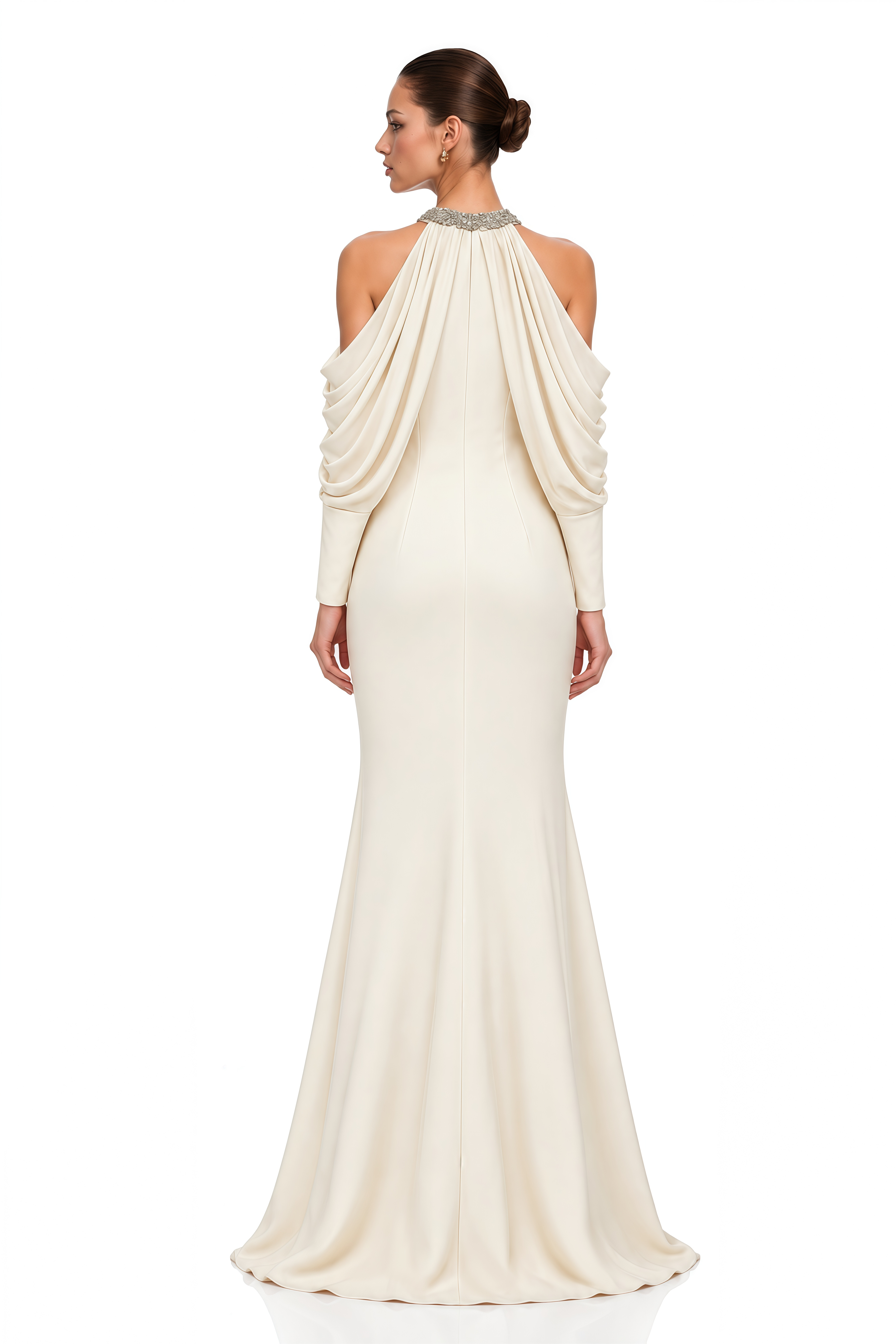 Yovana Neutral Embellished Cold-Shoulder Slit Maxi Dress