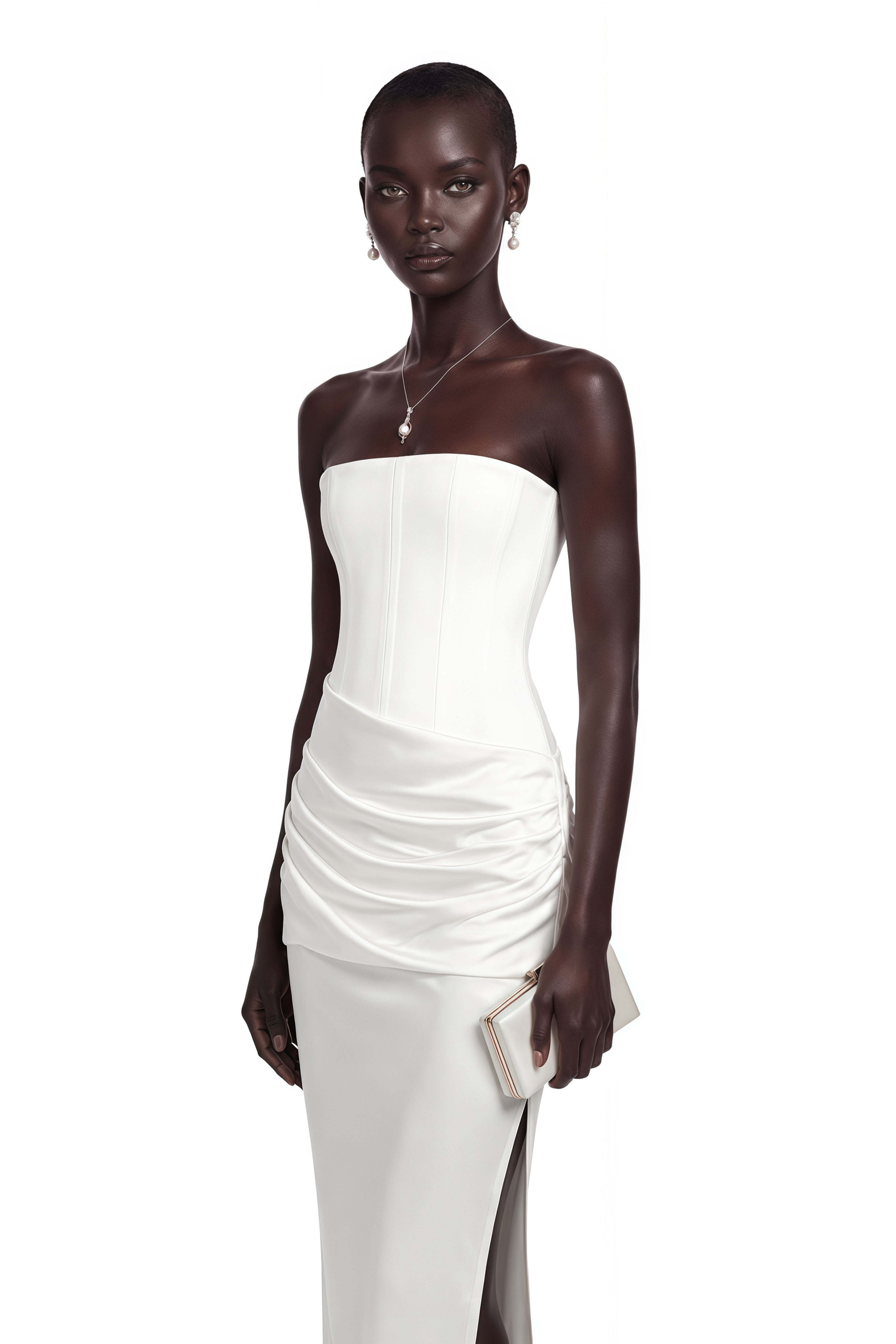 Yuliana White Ruched Satin Maxi Dress with Side Slit