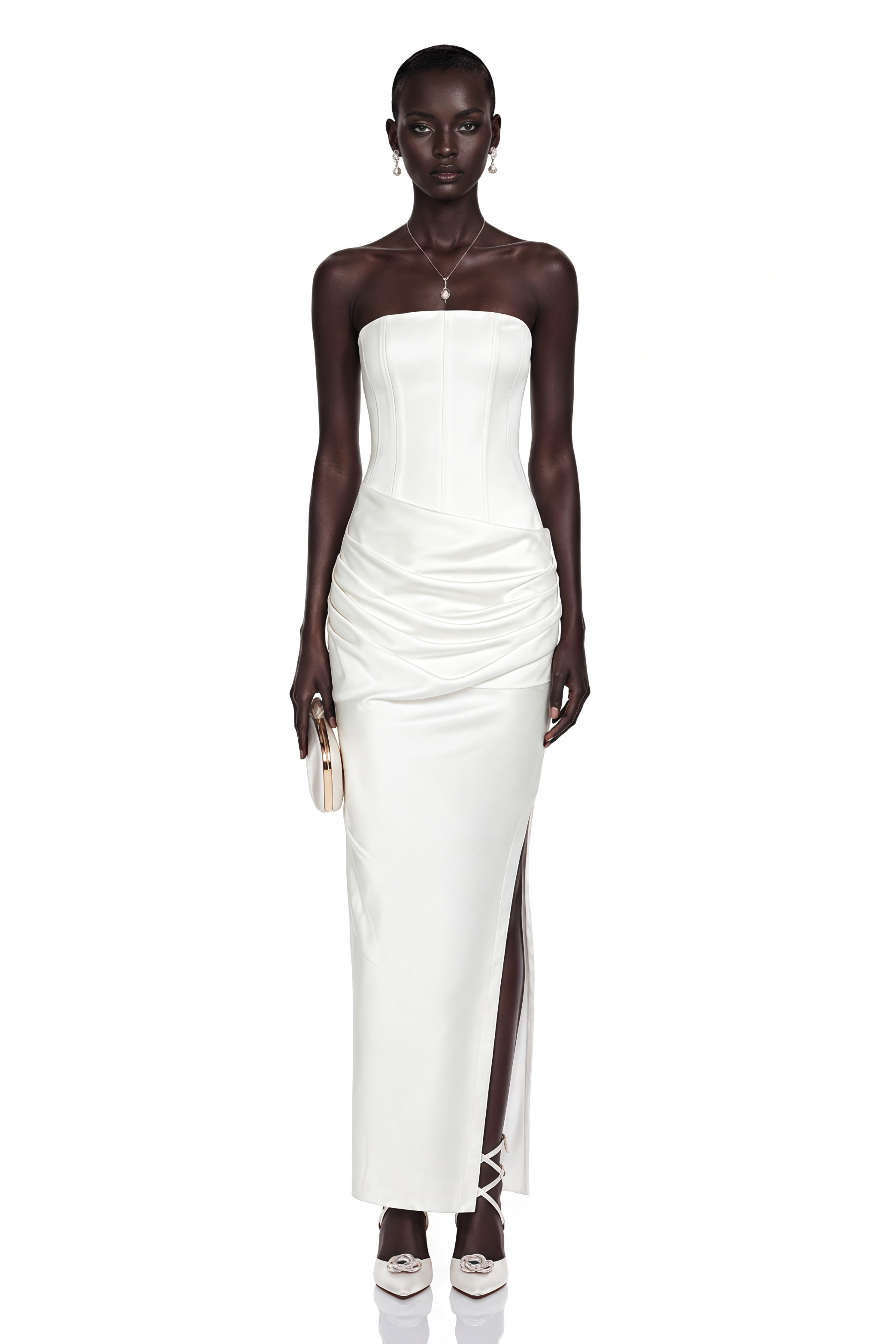 Yuliana White Ruched Satin Maxi Dress with Side Slit