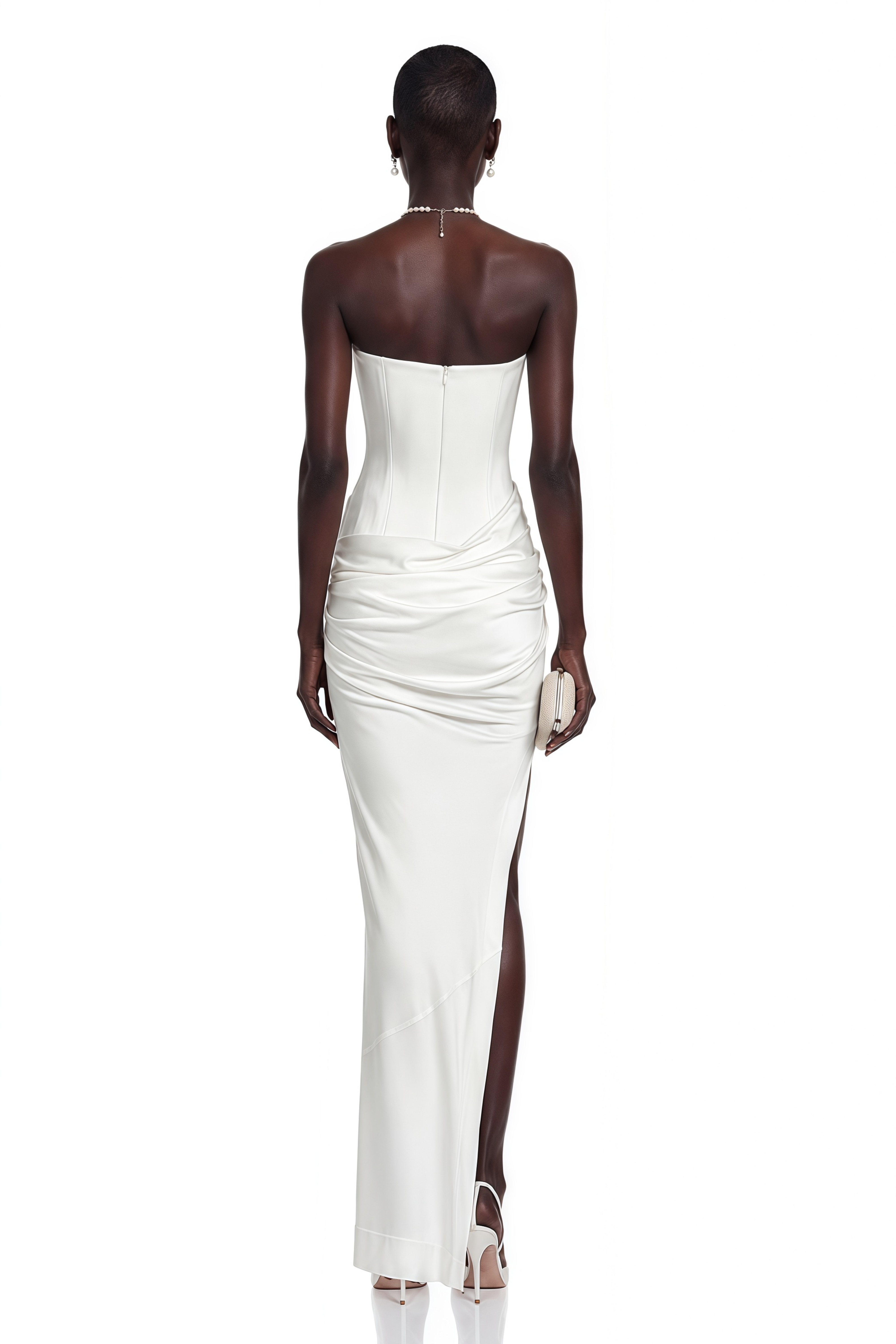 Yuliana White Ruched Satin Maxi Dress with Side Slit