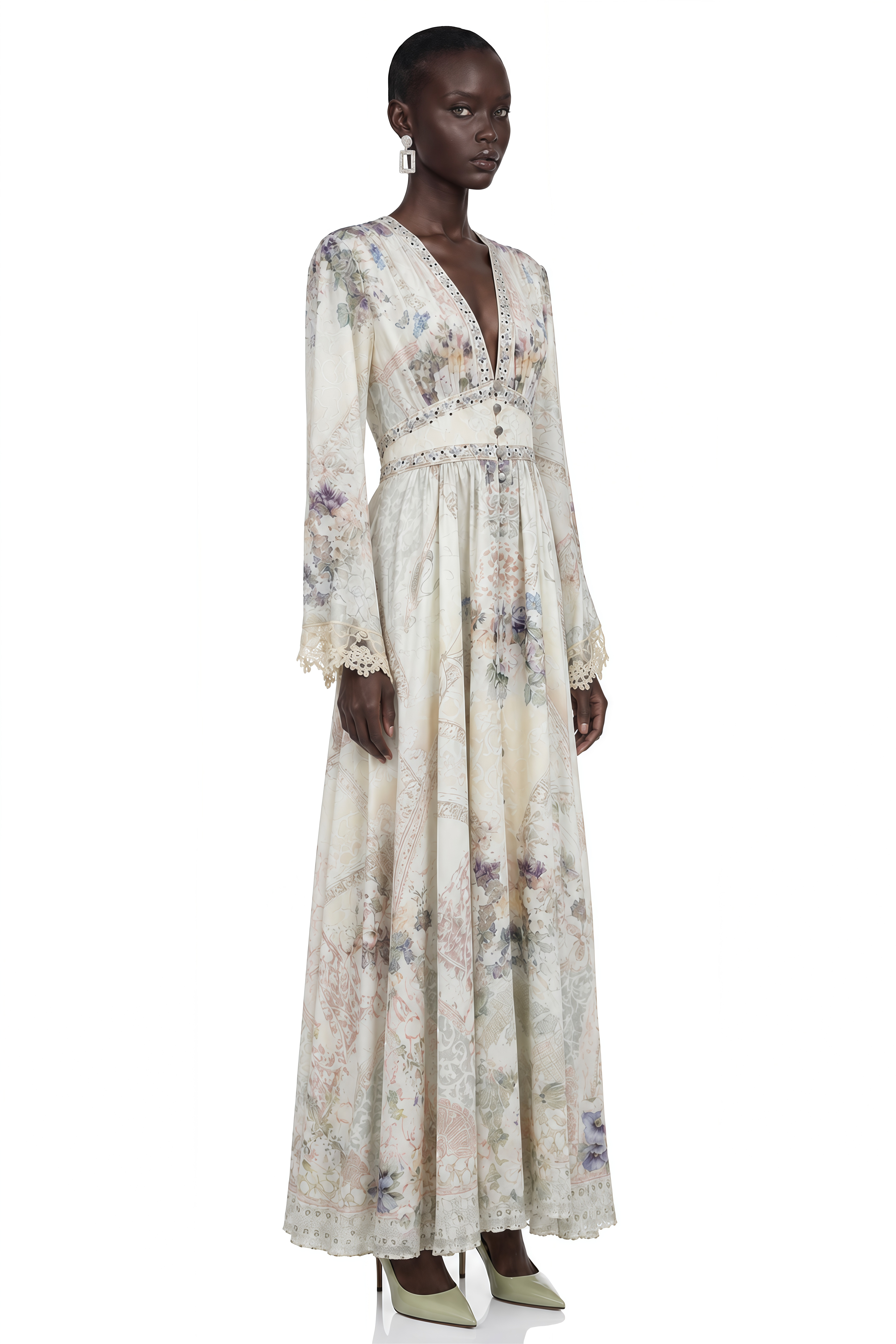 Yvaine White Floral Print V-Neck Maxi Dress