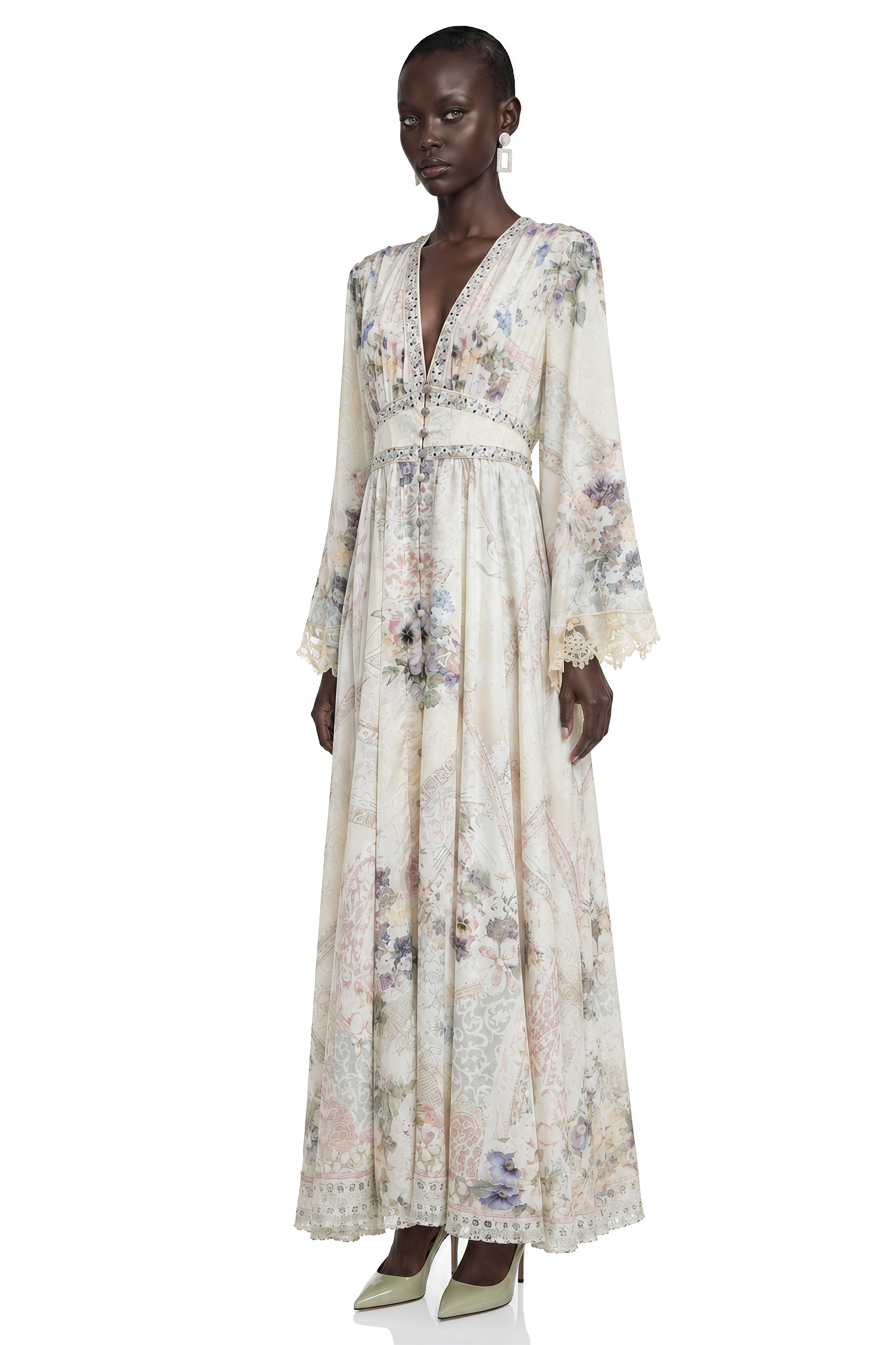 Yvaine White Floral Print V-Neck Maxi Dress