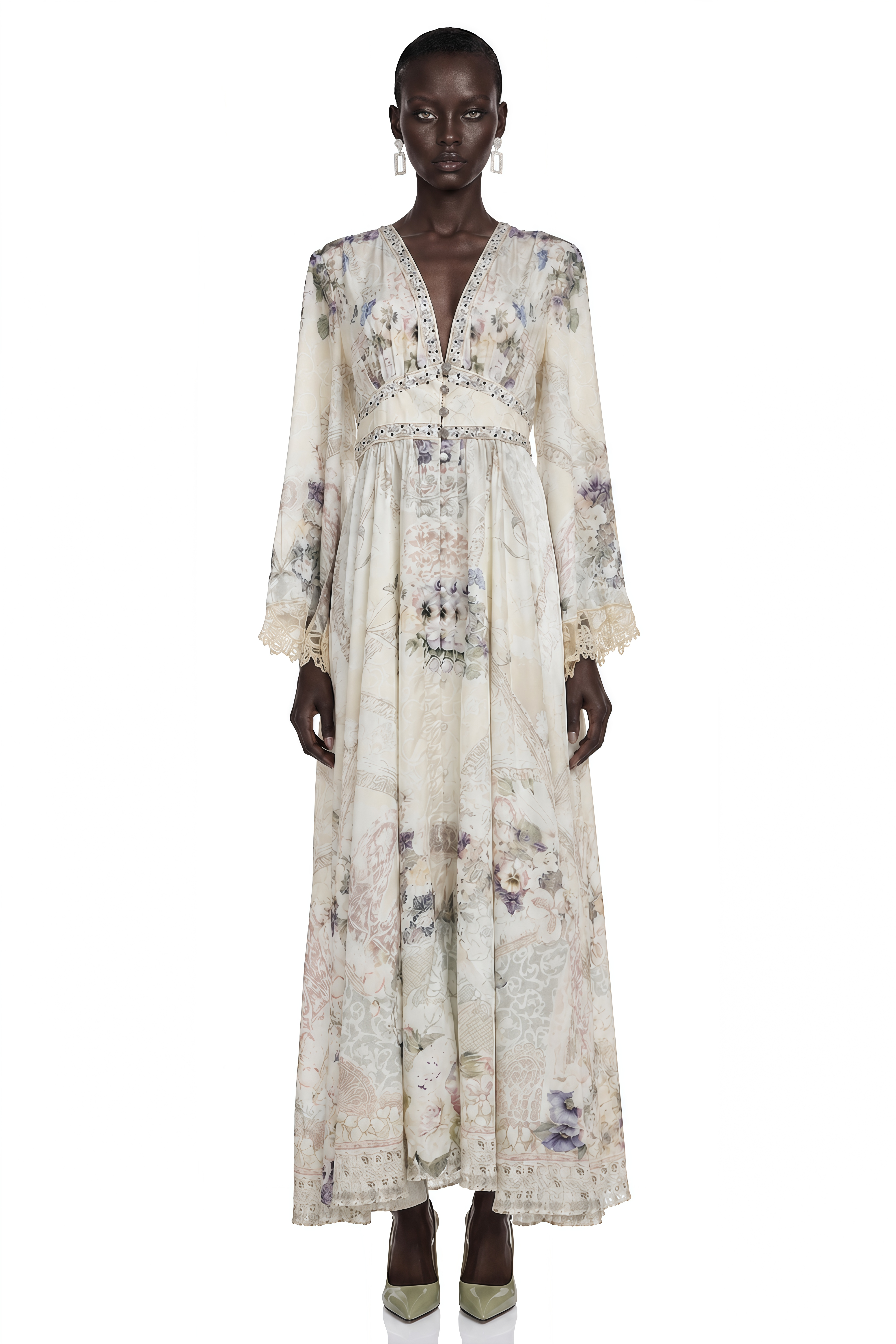 Yvaine White Floral Print V-Neck Maxi Dress