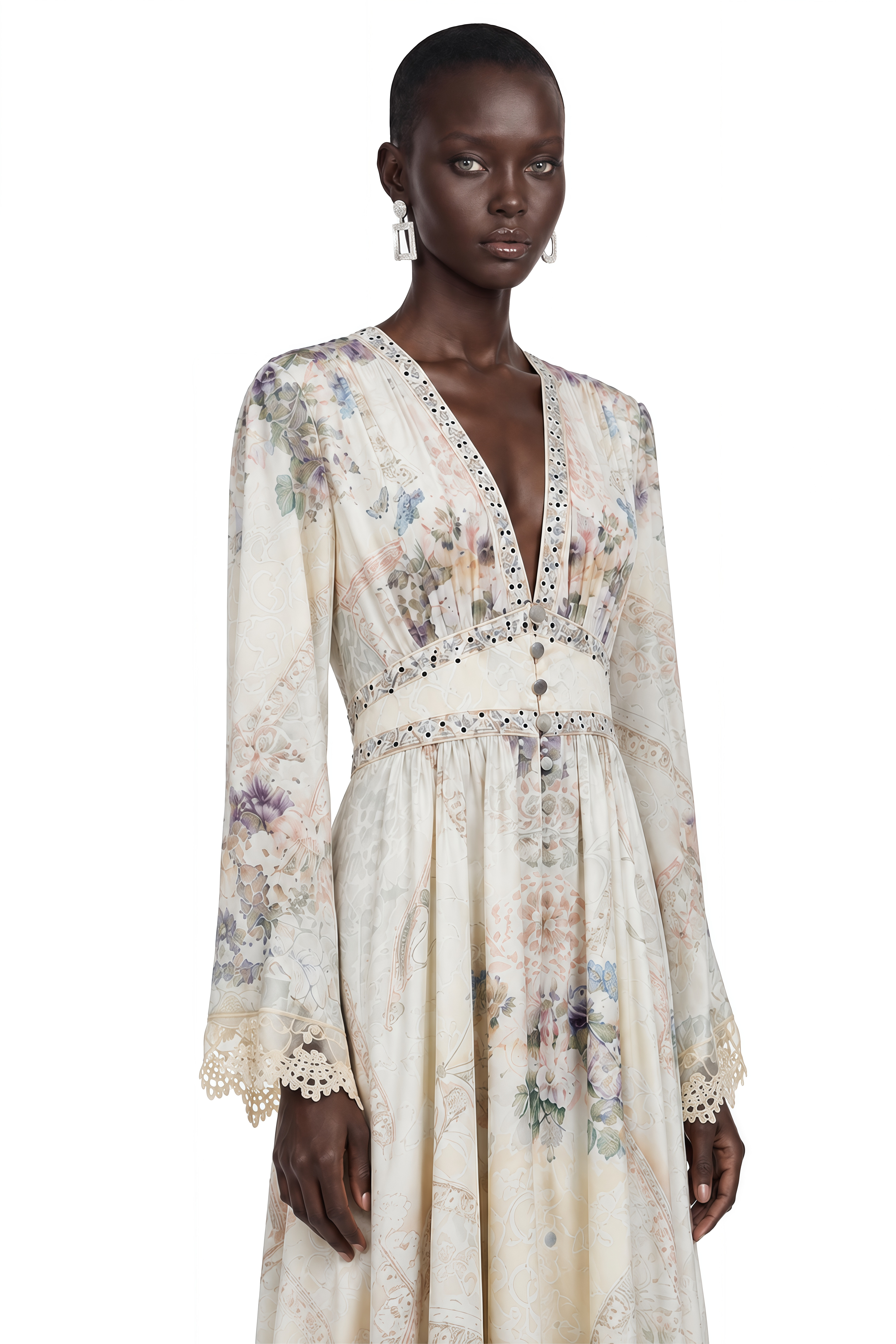 Yvaine White Floral Print V-Neck Maxi Dress