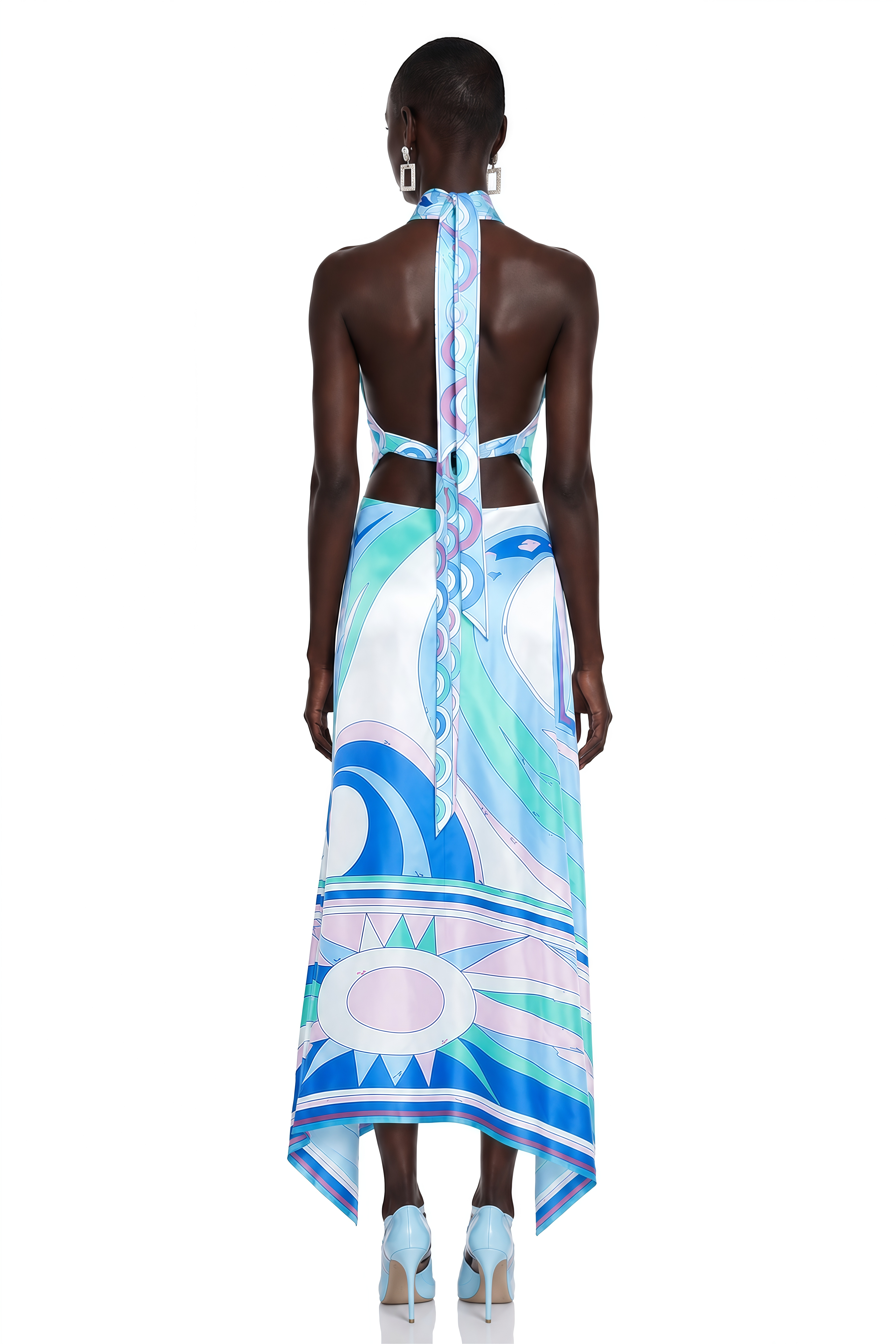 Yvette Blue Abstract Print Halterneck Crop Top & Skirt Set