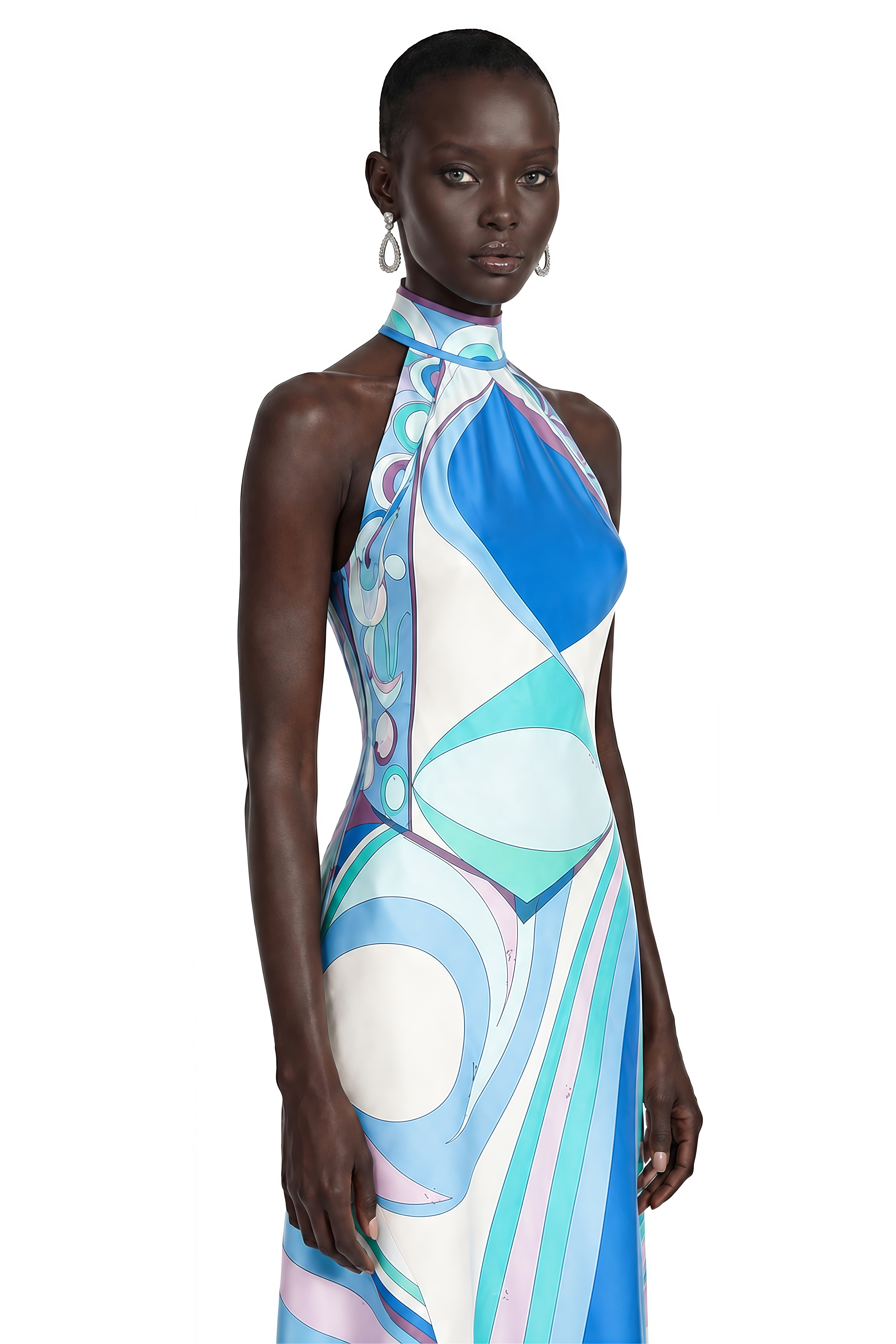 Yvette Blue Abstract Print Halterneck Crop Top & Skirt Set