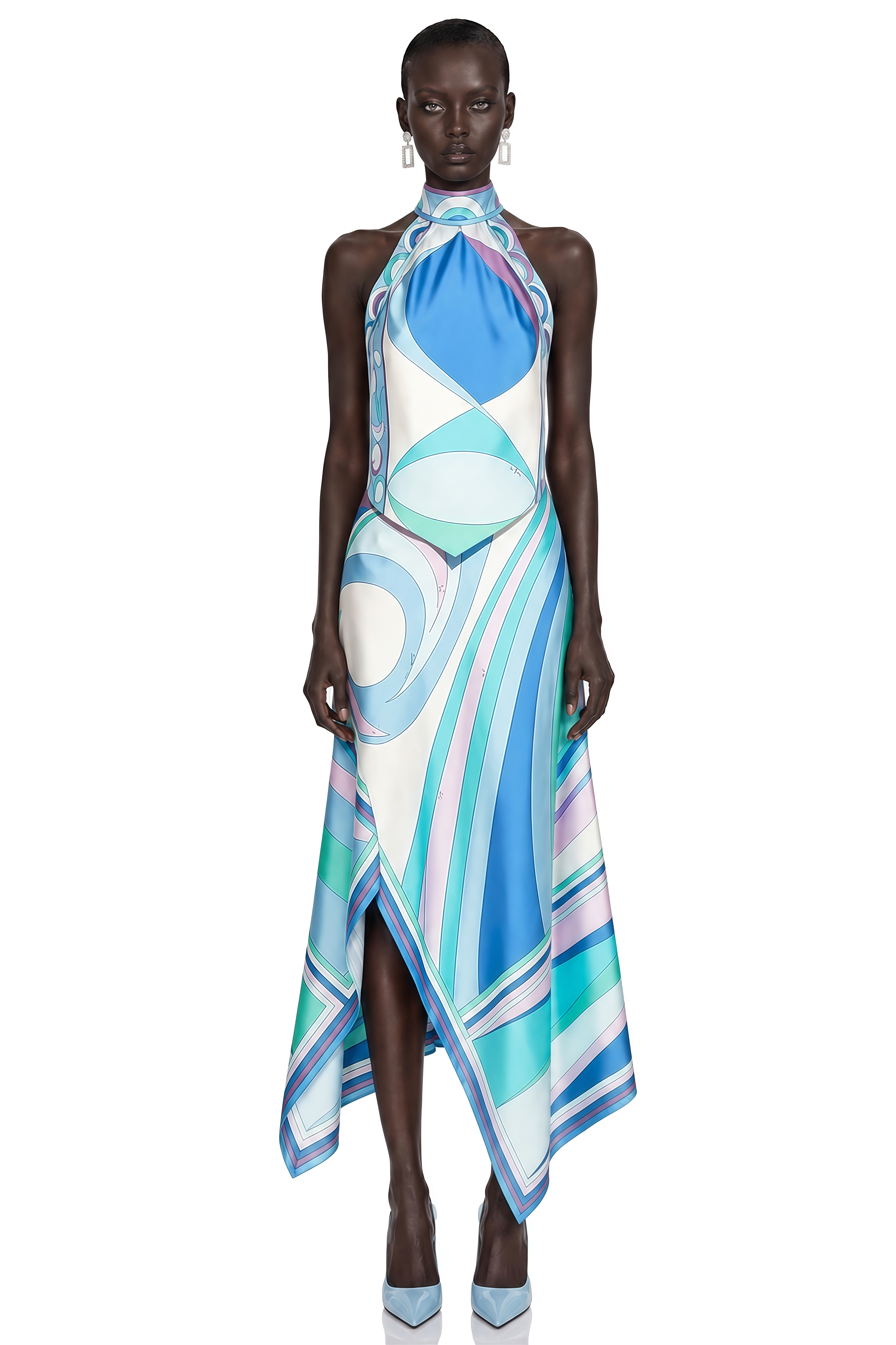 Yvette Blue Abstract Print Halterneck Crop Top & Skirt Set