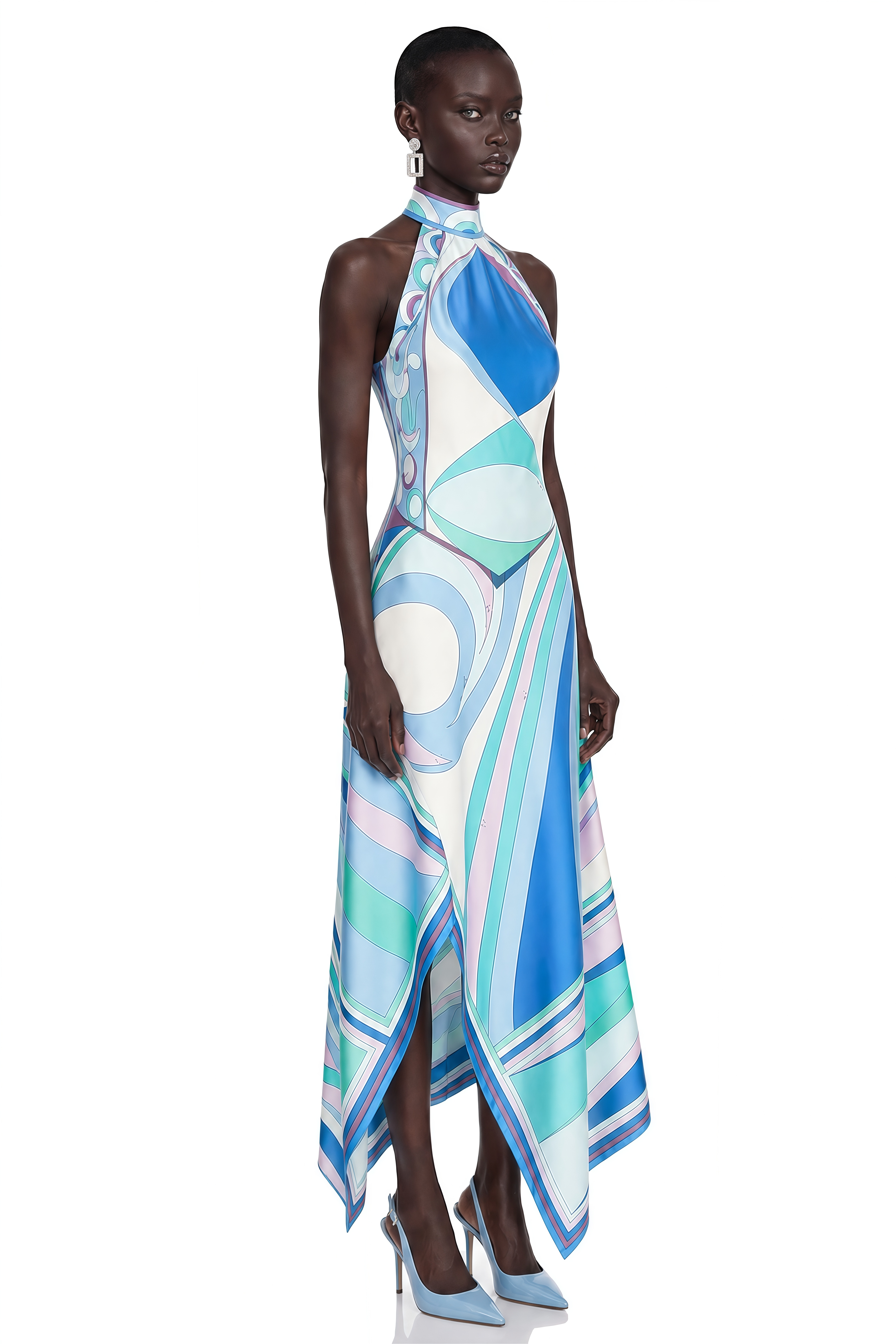 Yvette Blue Abstract Print Halterneck Crop Top & Skirt Set