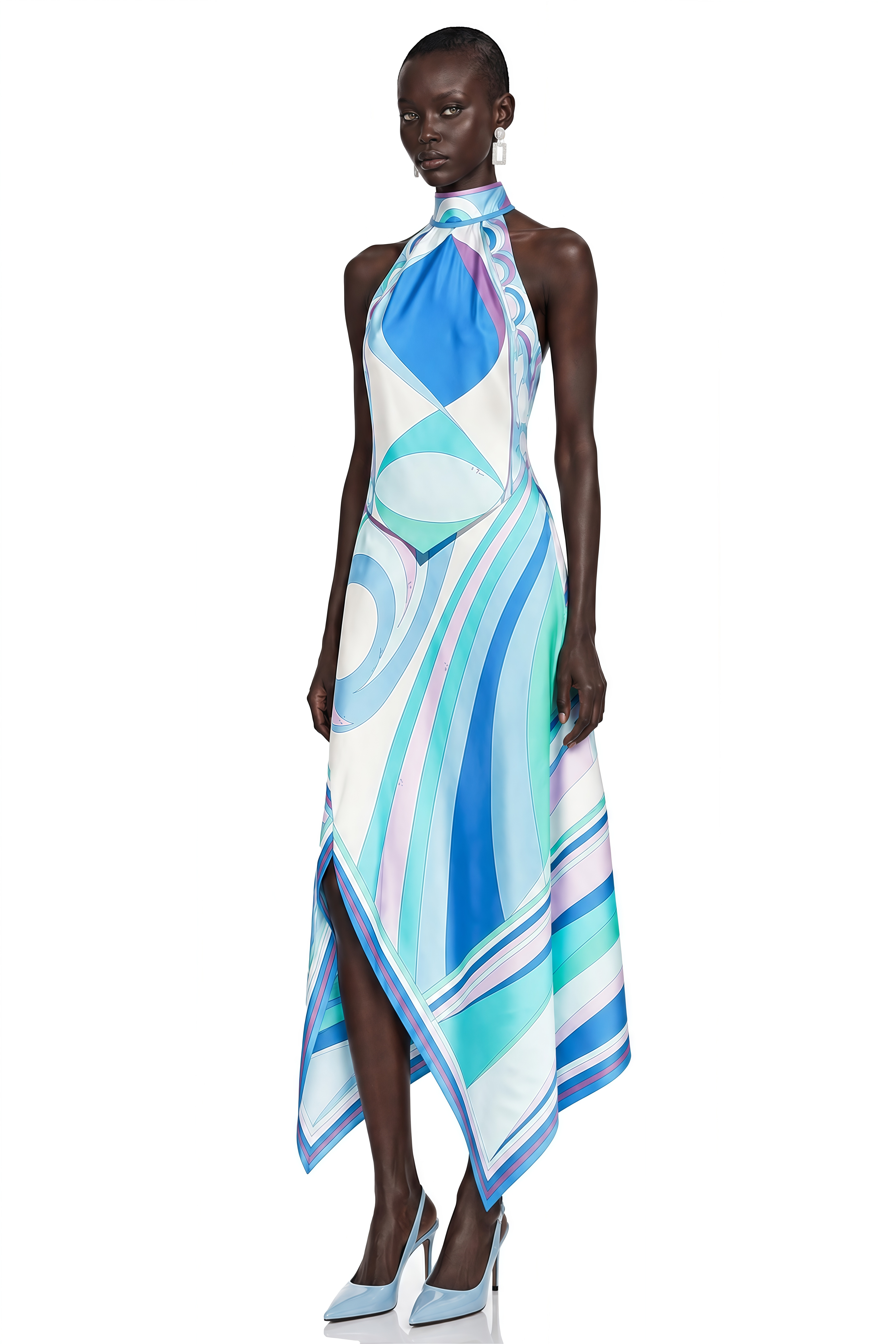 Yvette Blue Abstract Print Halterneck Crop Top & Skirt Set