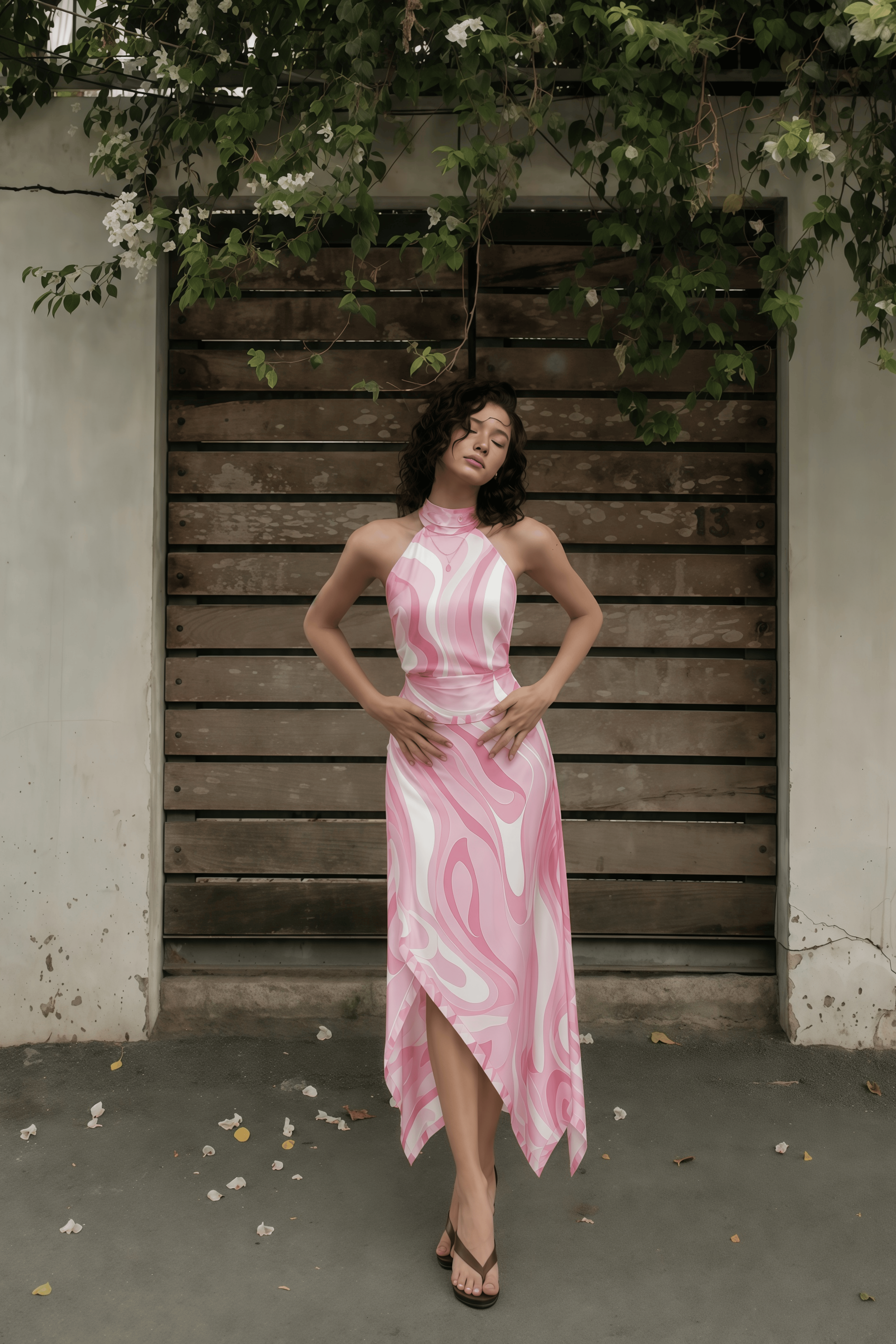 Yvette Pink Abstract Print Halterneck Crop Top & Skirt Set