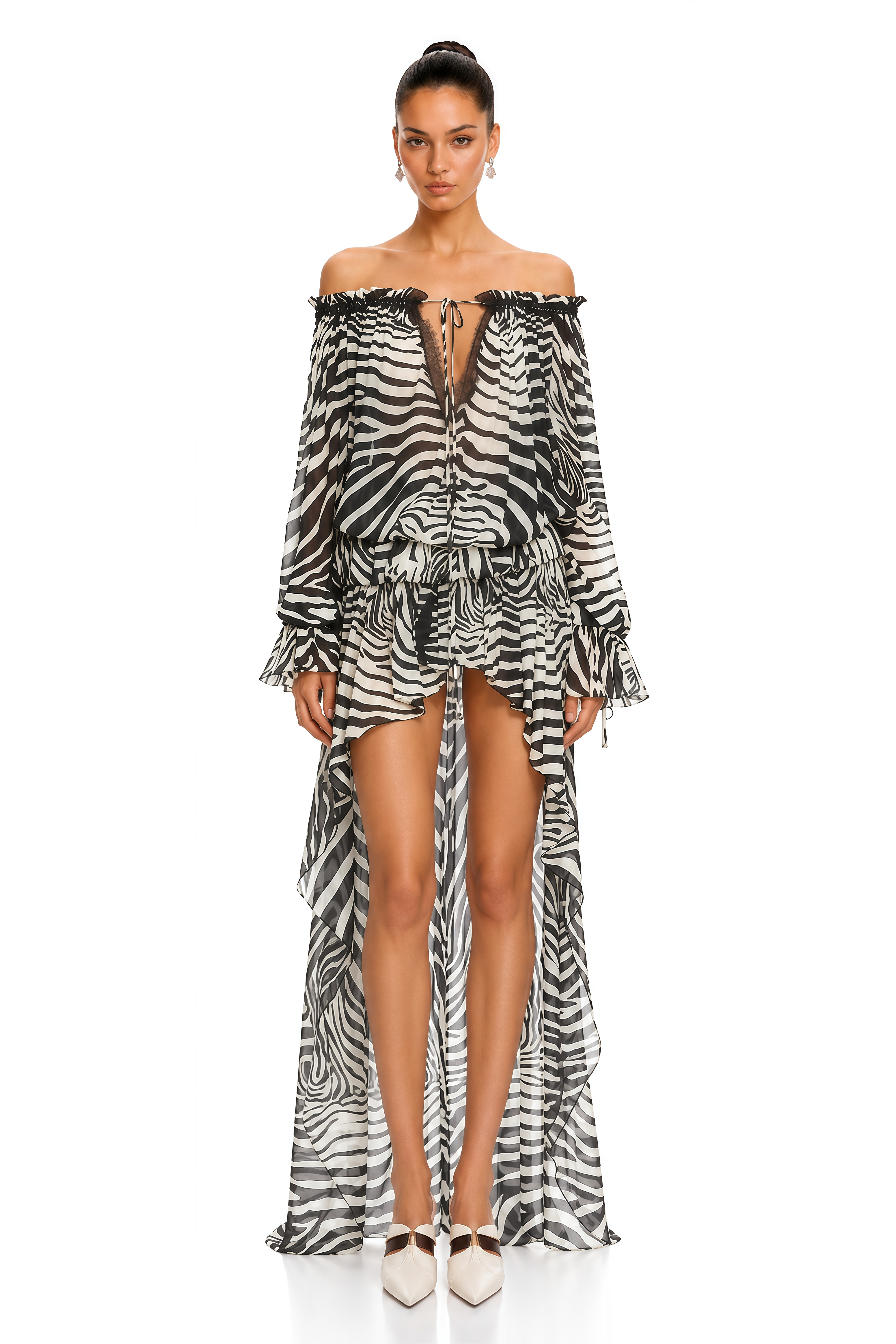 Zafira Black Zebra Print Off Shoulder Ruffle Mini Dress