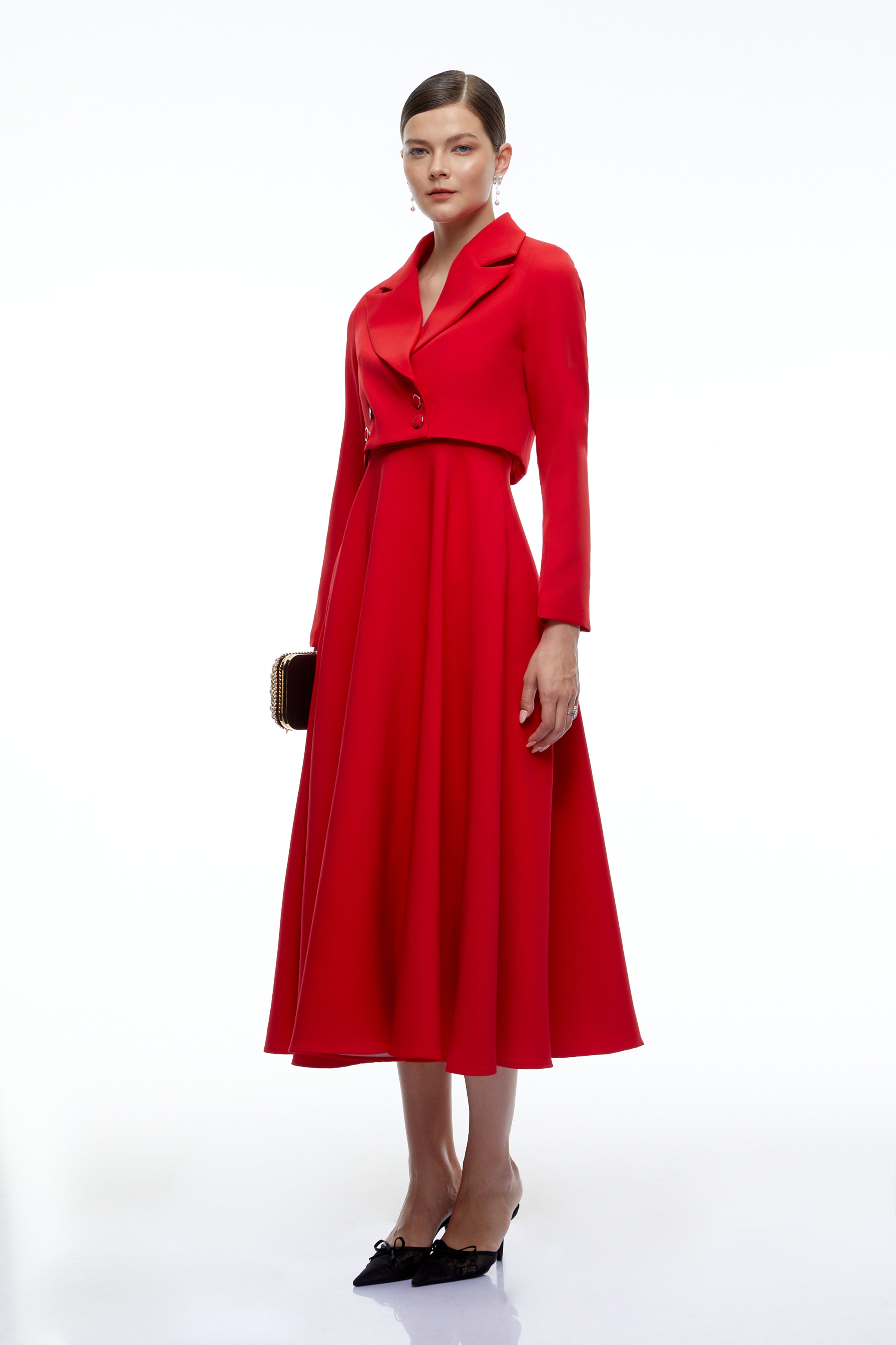 Zafira Red Cropped Blazer & Midi Dress Set