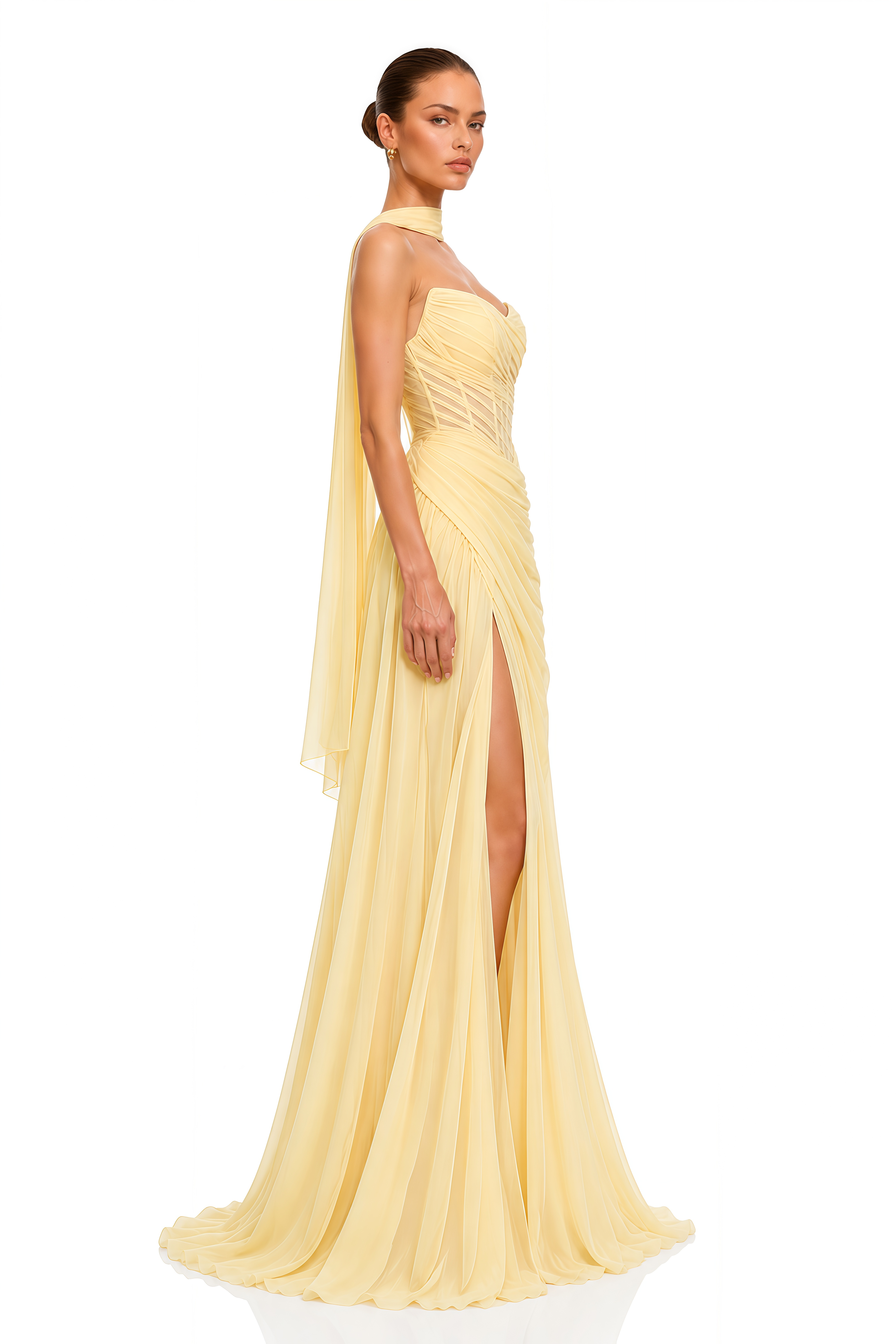 Zarina Butter Yellow Ruched Corset Slit Maxi Dress