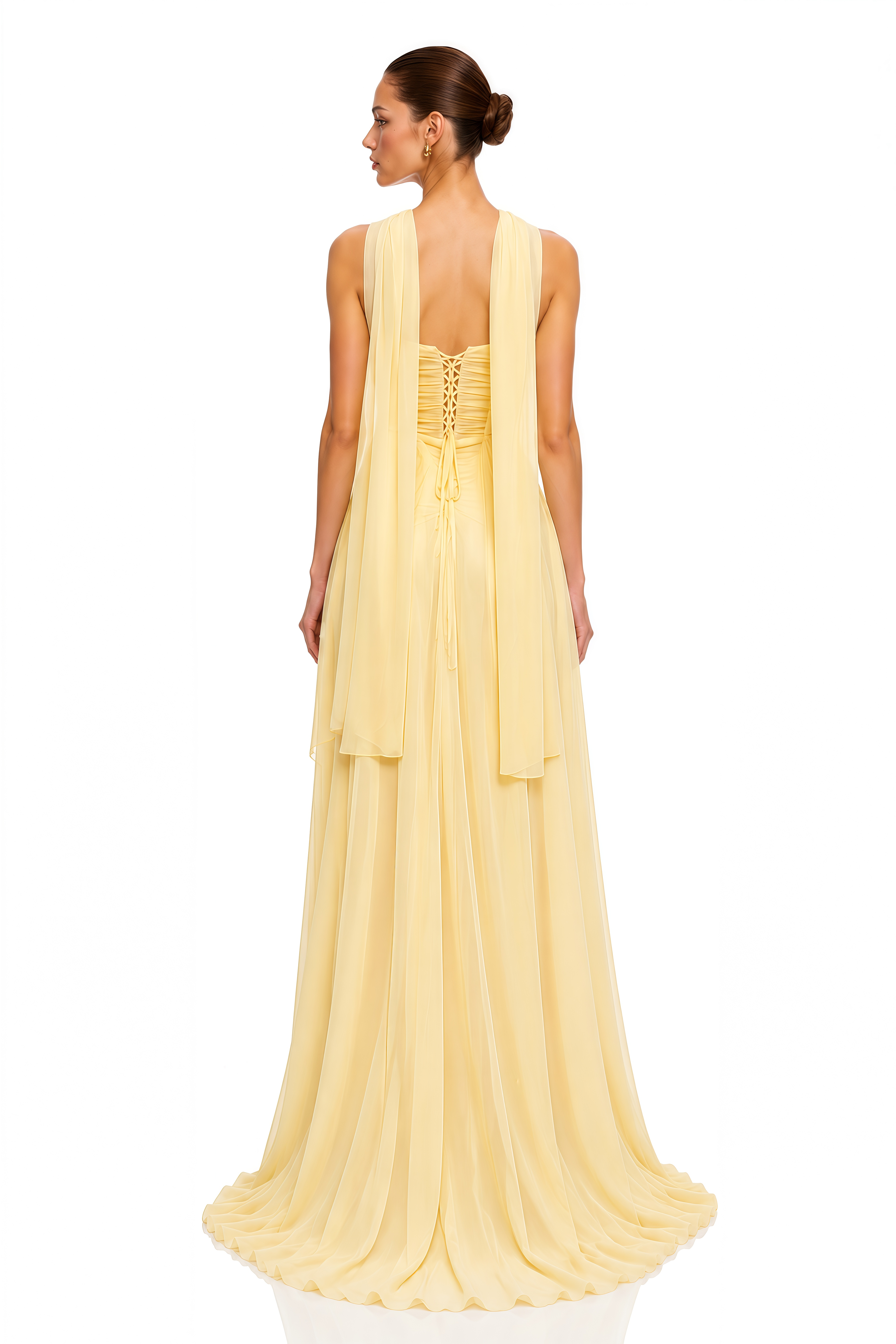 Zarina Butter Yellow Ruched Corset Slit Maxi Dress
