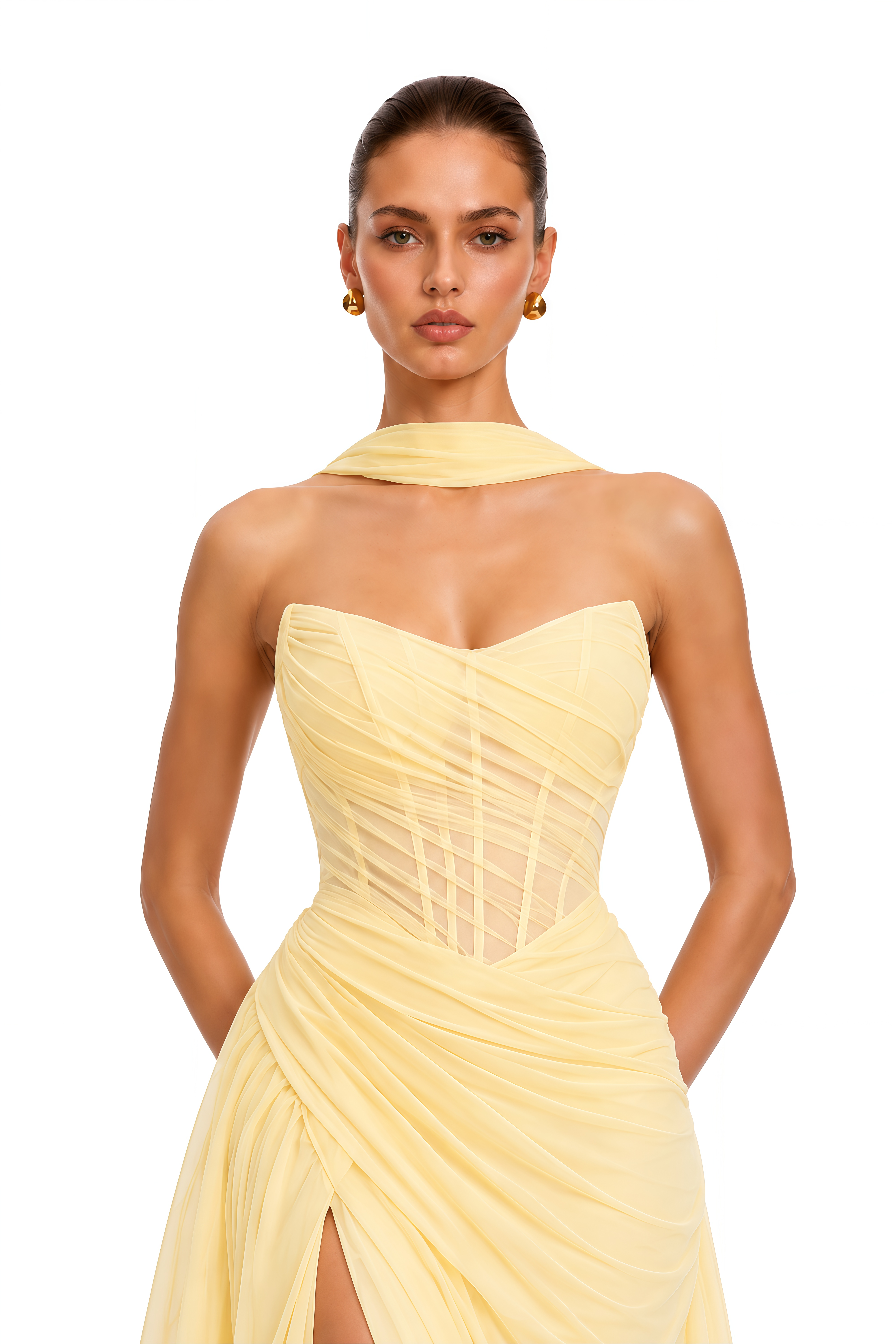 Zarina Butter Yellow Ruched Corset Slit Maxi Dress