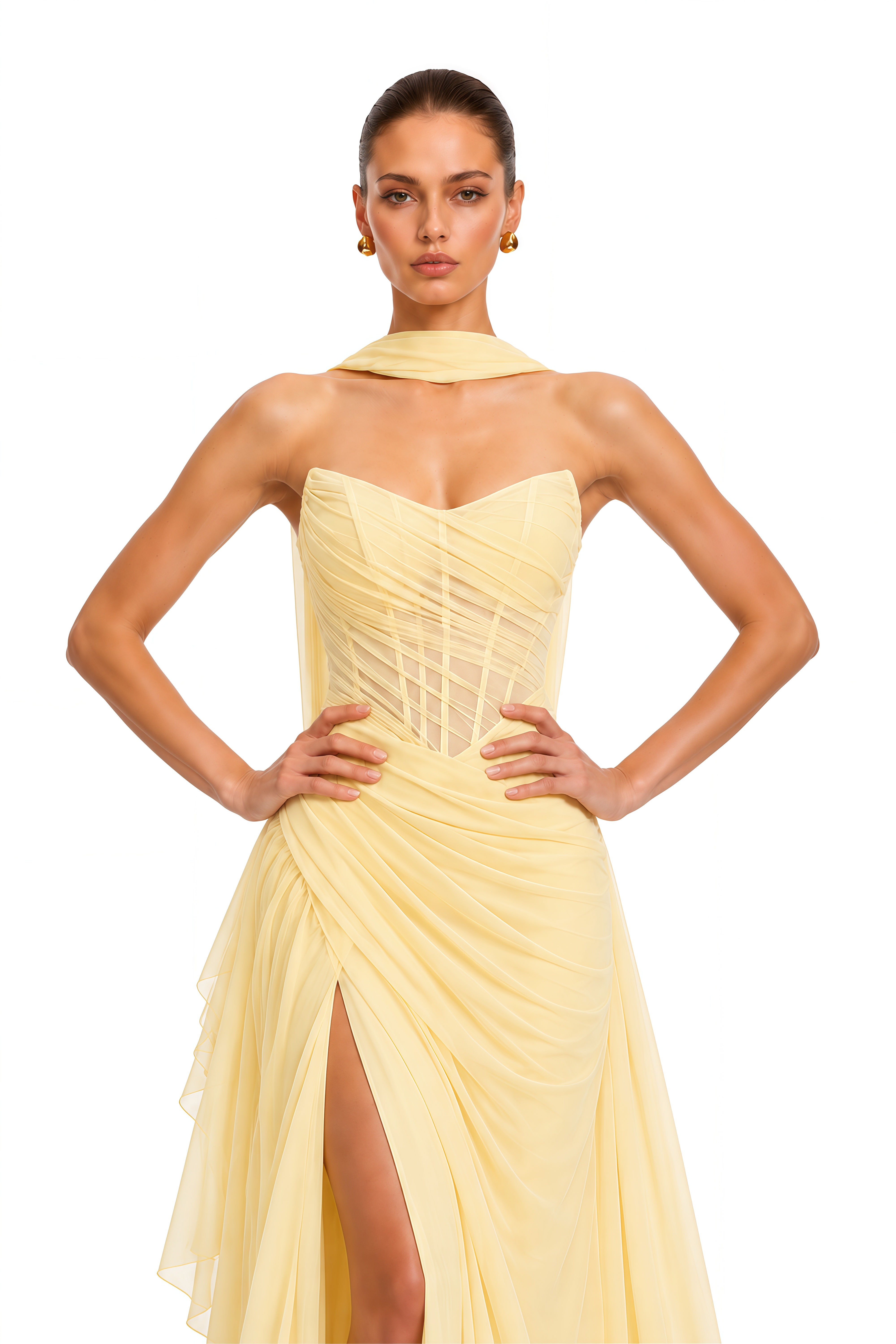 Zarina Butter Yellow Ruched Corset Slit Maxi Dress