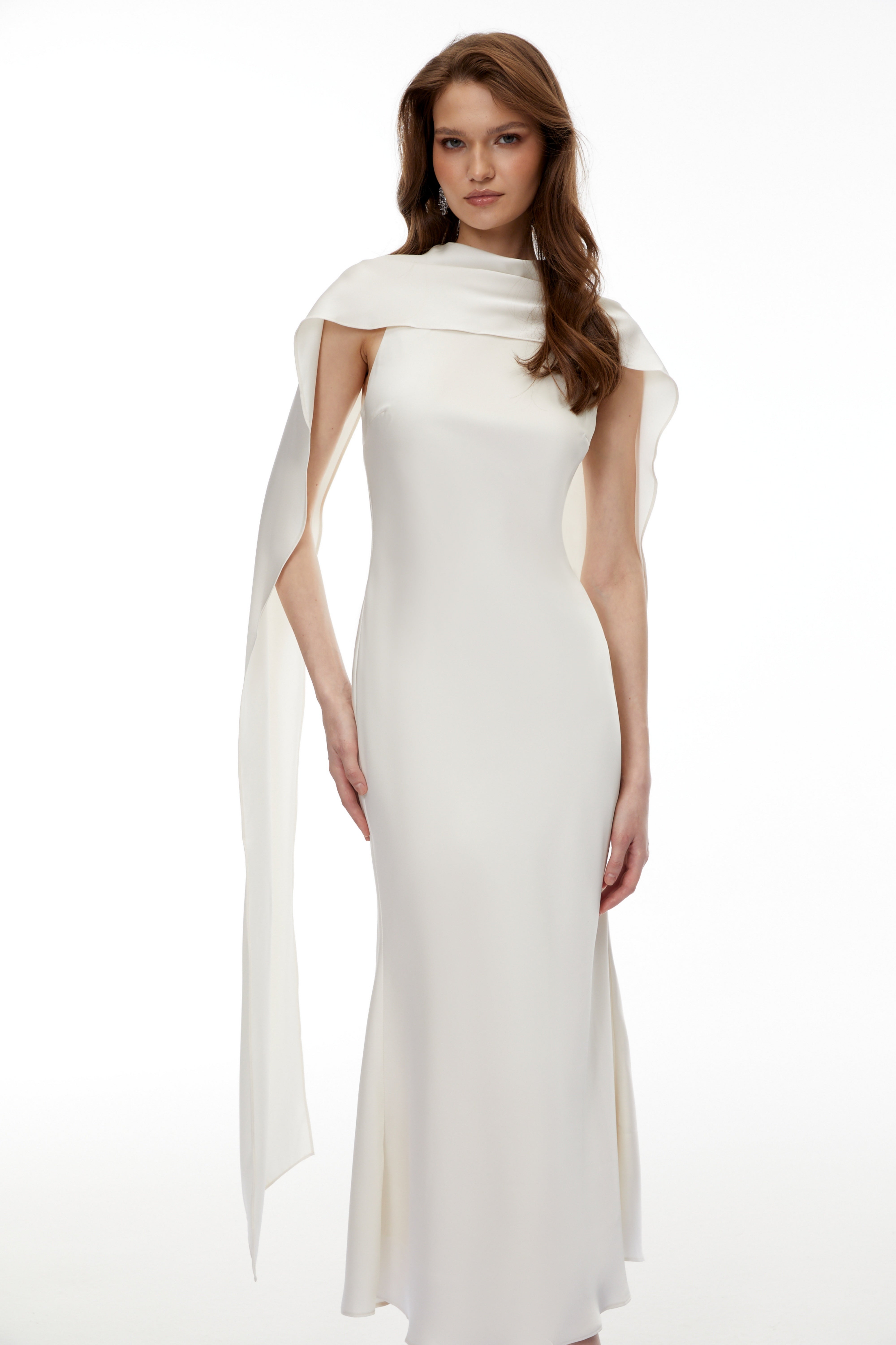 Elegant ivory satin sleeveless gown with a draped scarf neckline