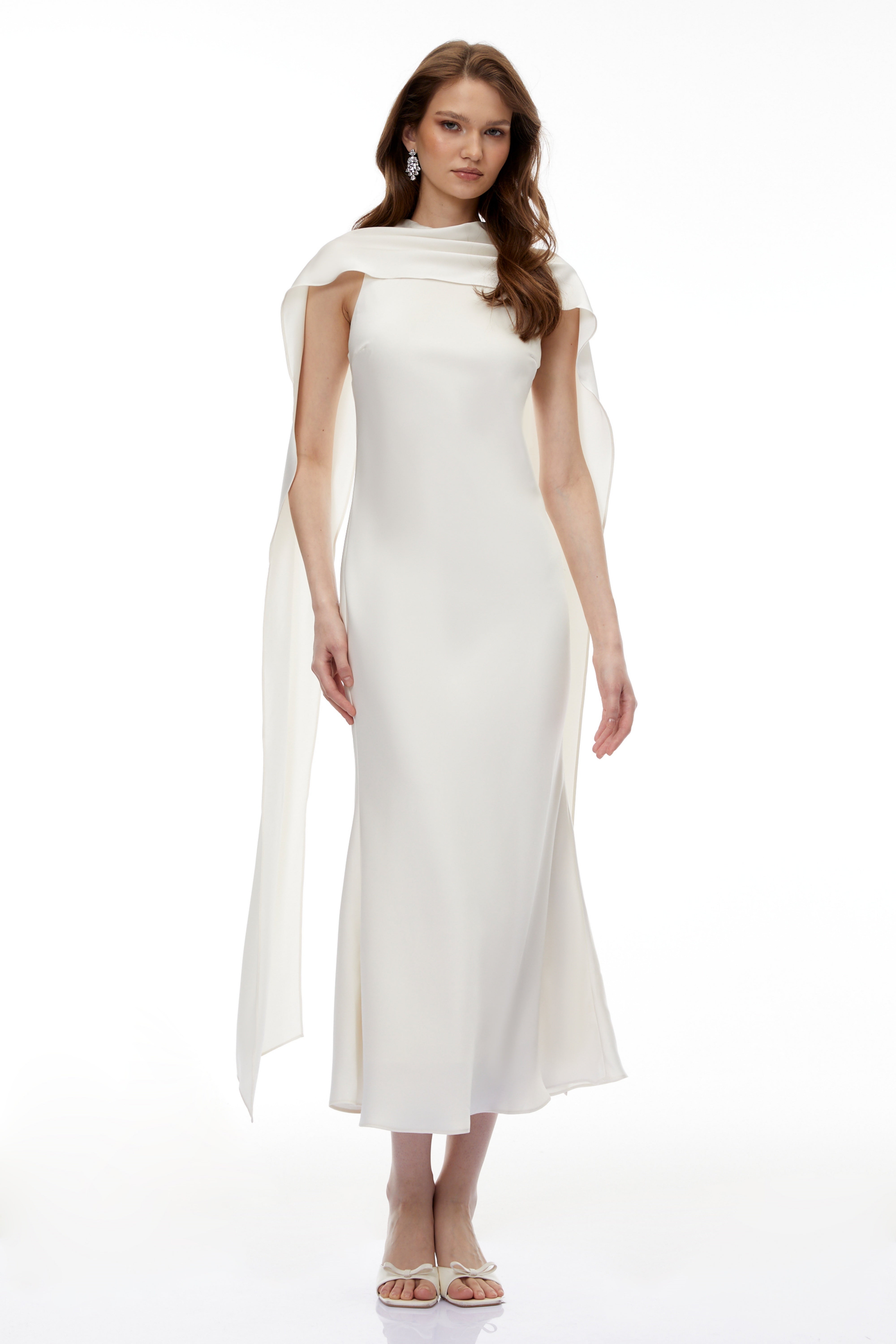 Elegant ivory satin sleeveless gown with a draped scarf neckline