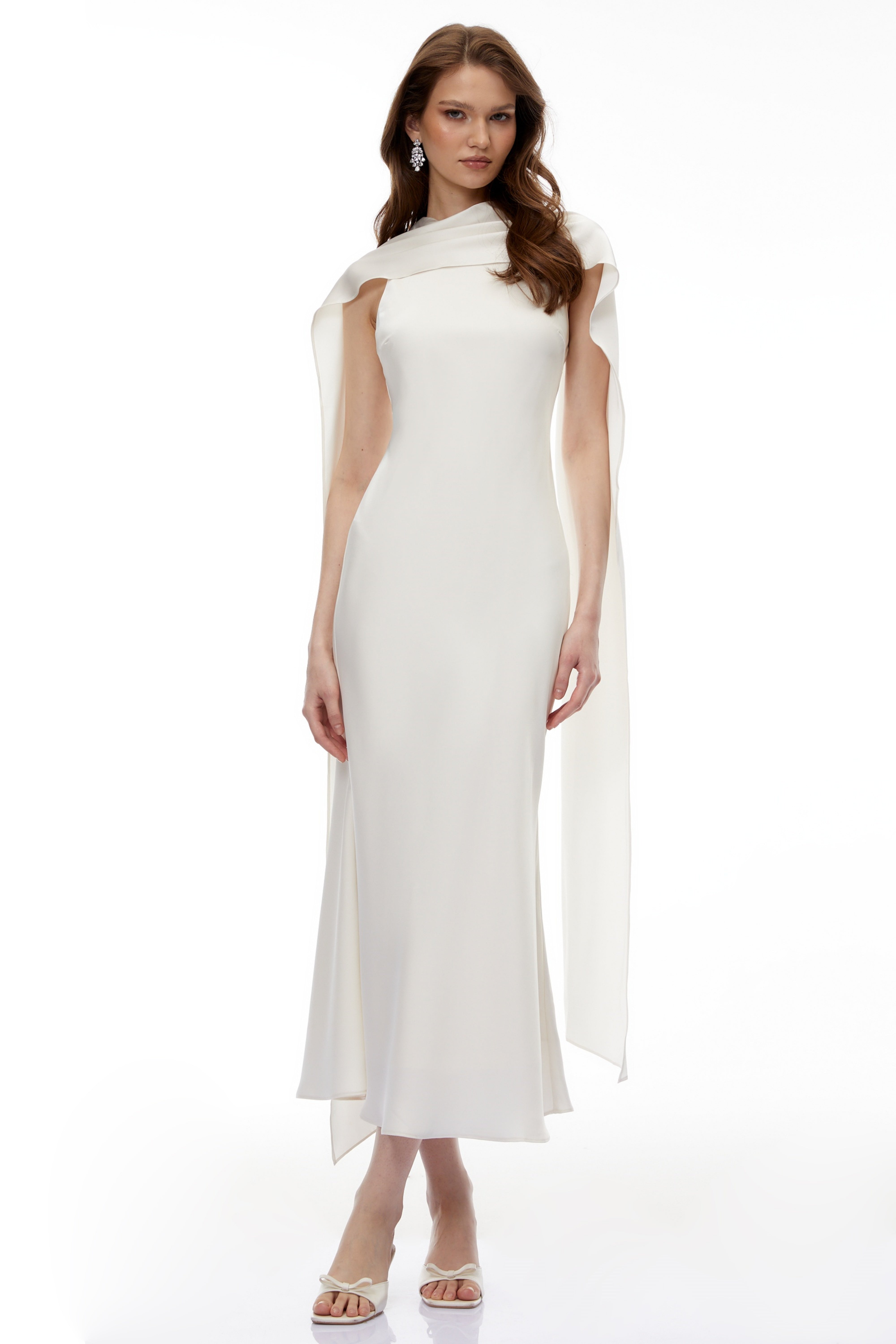 Elegant ivory satin sleeveless gown with a draped scarf neckline