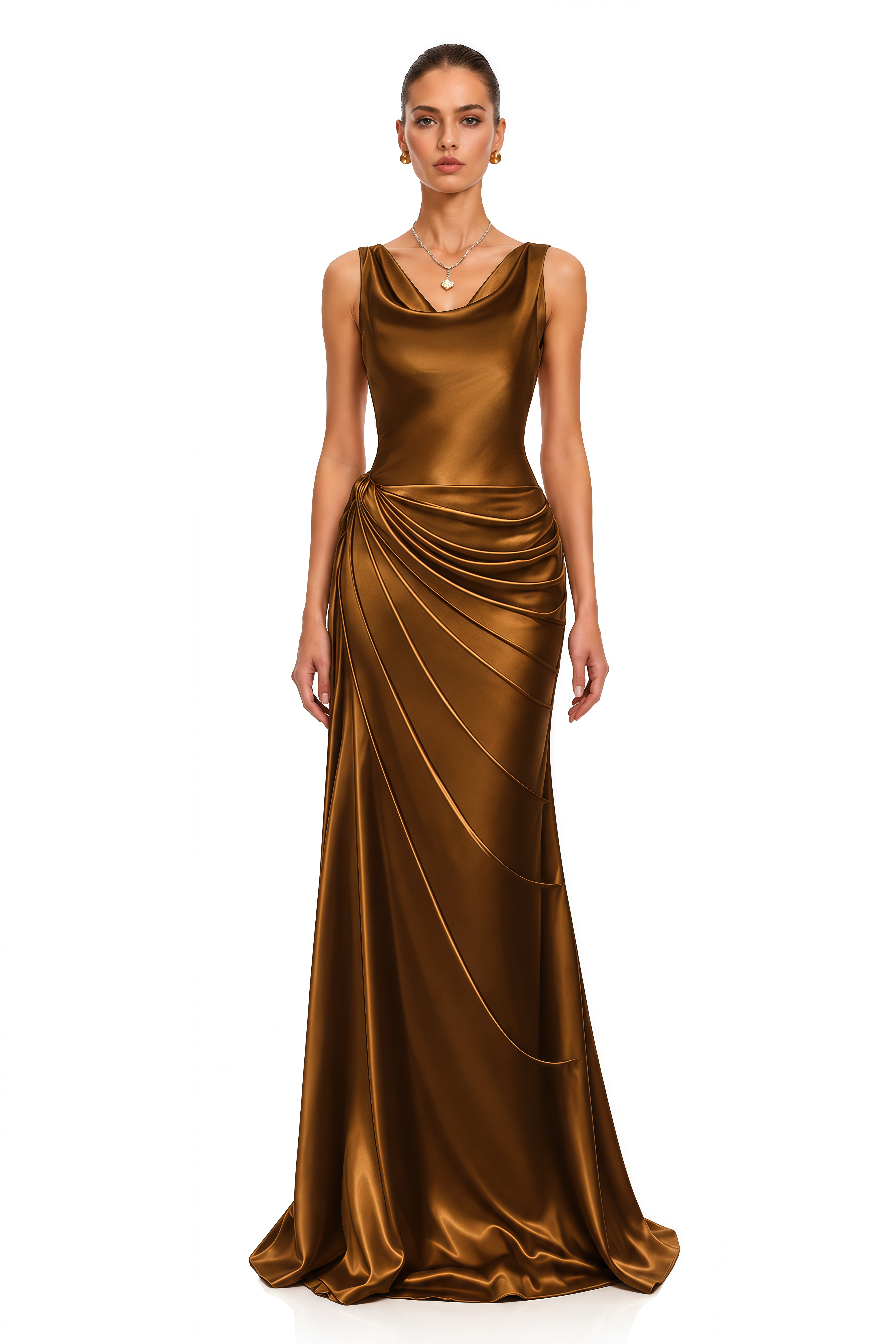 Zarwa Brown Satin Cowl Neck Ruched Maxi Dress – Miss Rosier