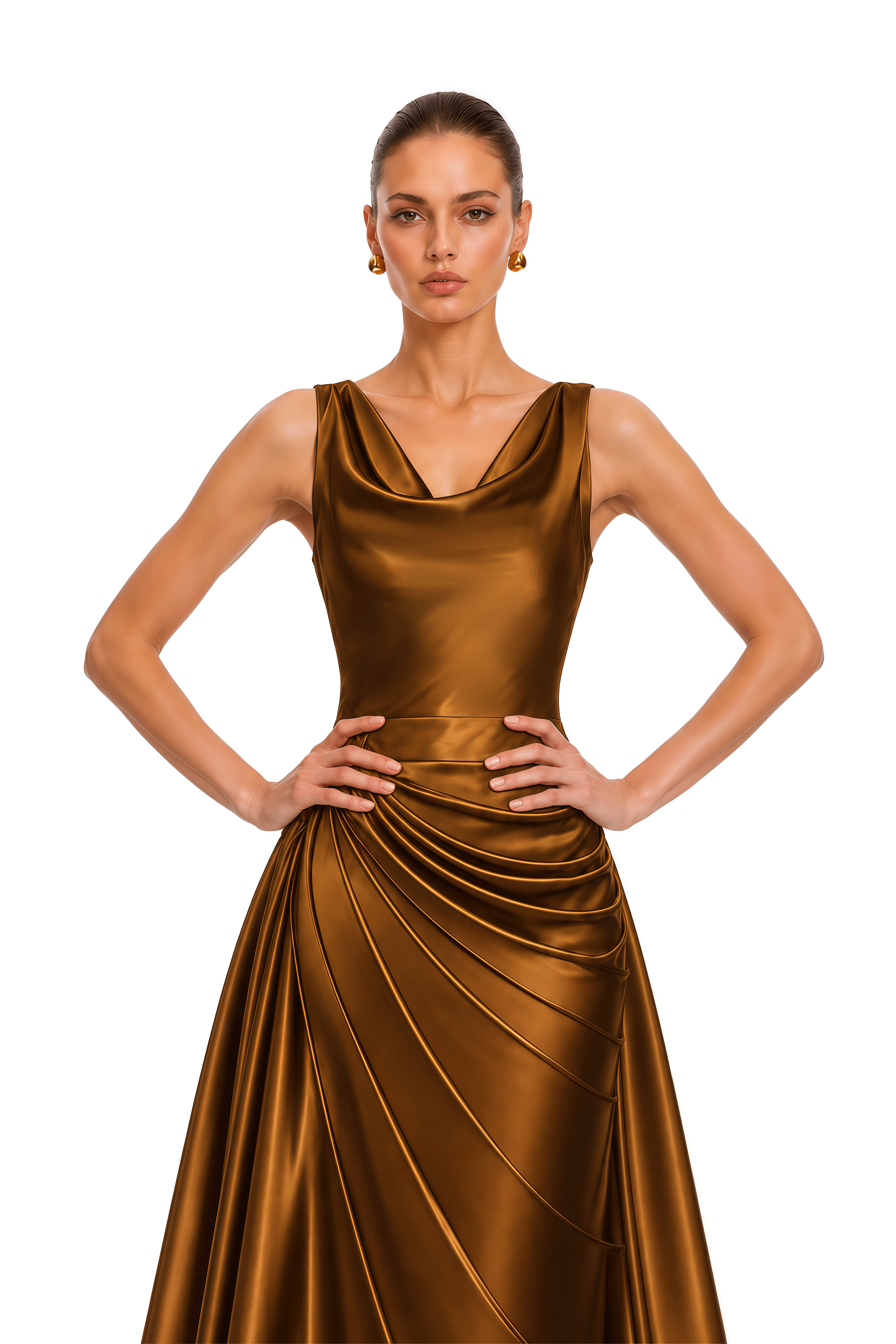 Zarwa Brown Satin Cowl Neck Ruched Maxi Dress