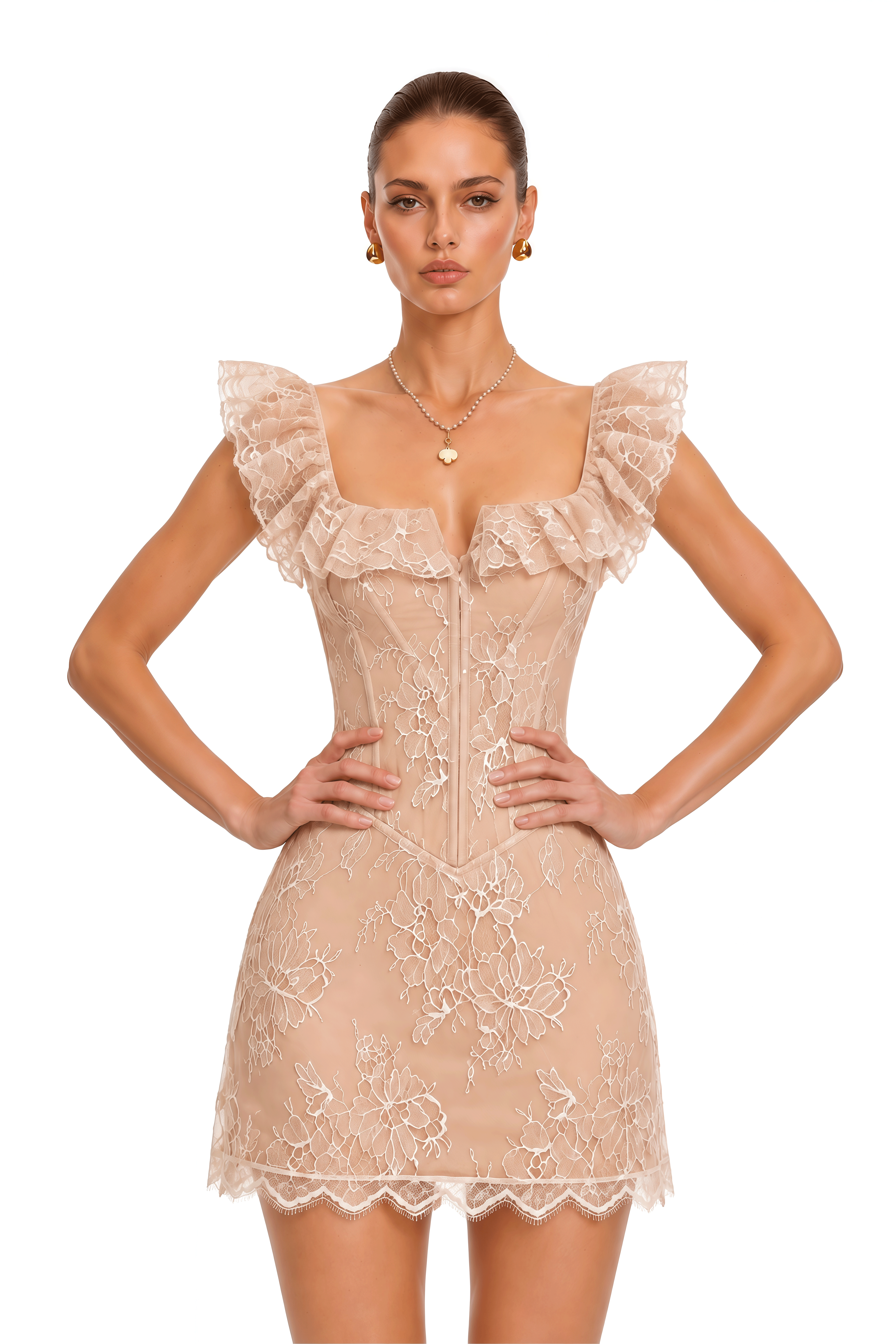 Zayelle Nude Ruffled Lace Corset Mini Dress