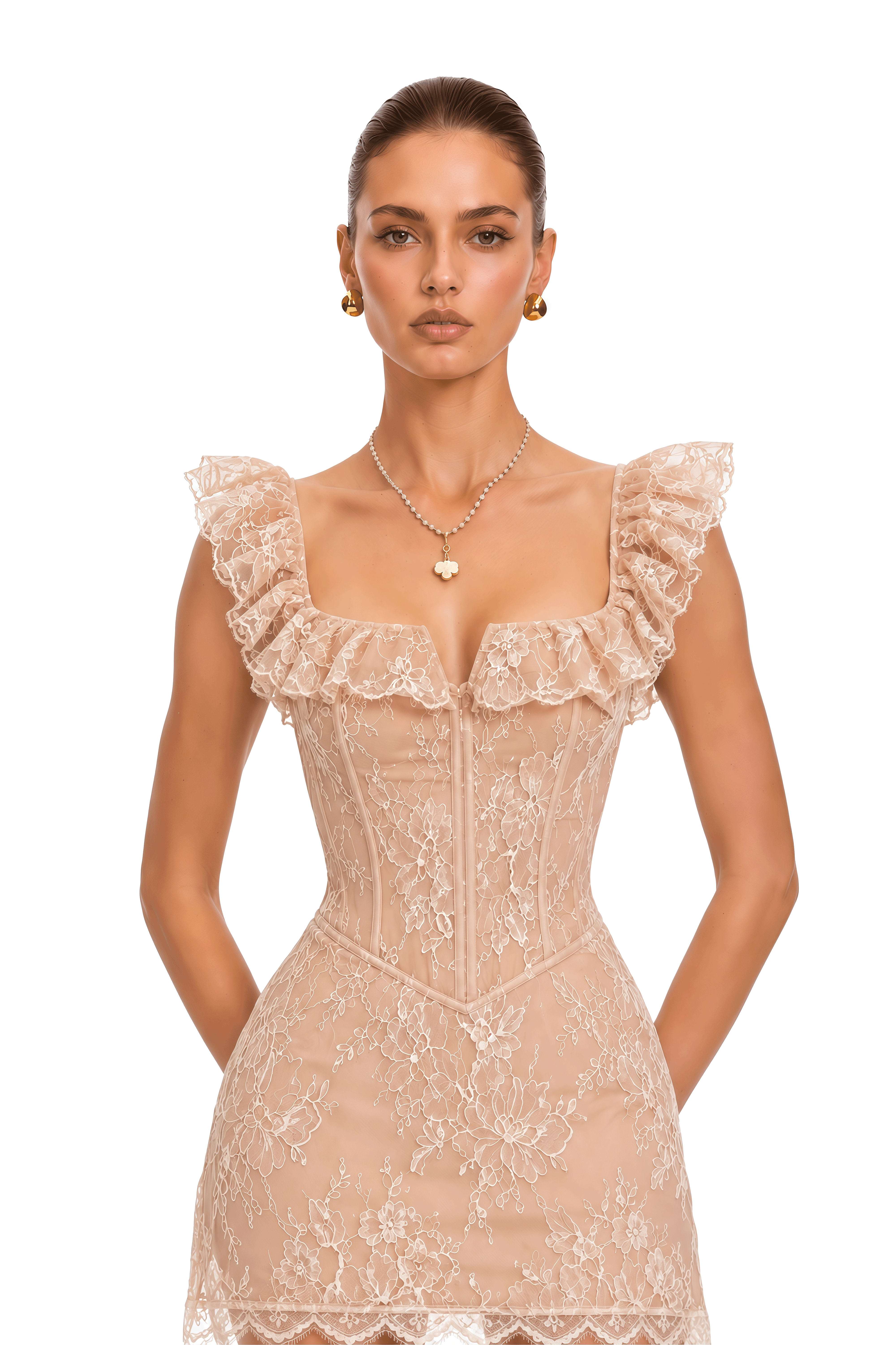 Zayelle Nude Ruffled Lace Corset Mini Dress