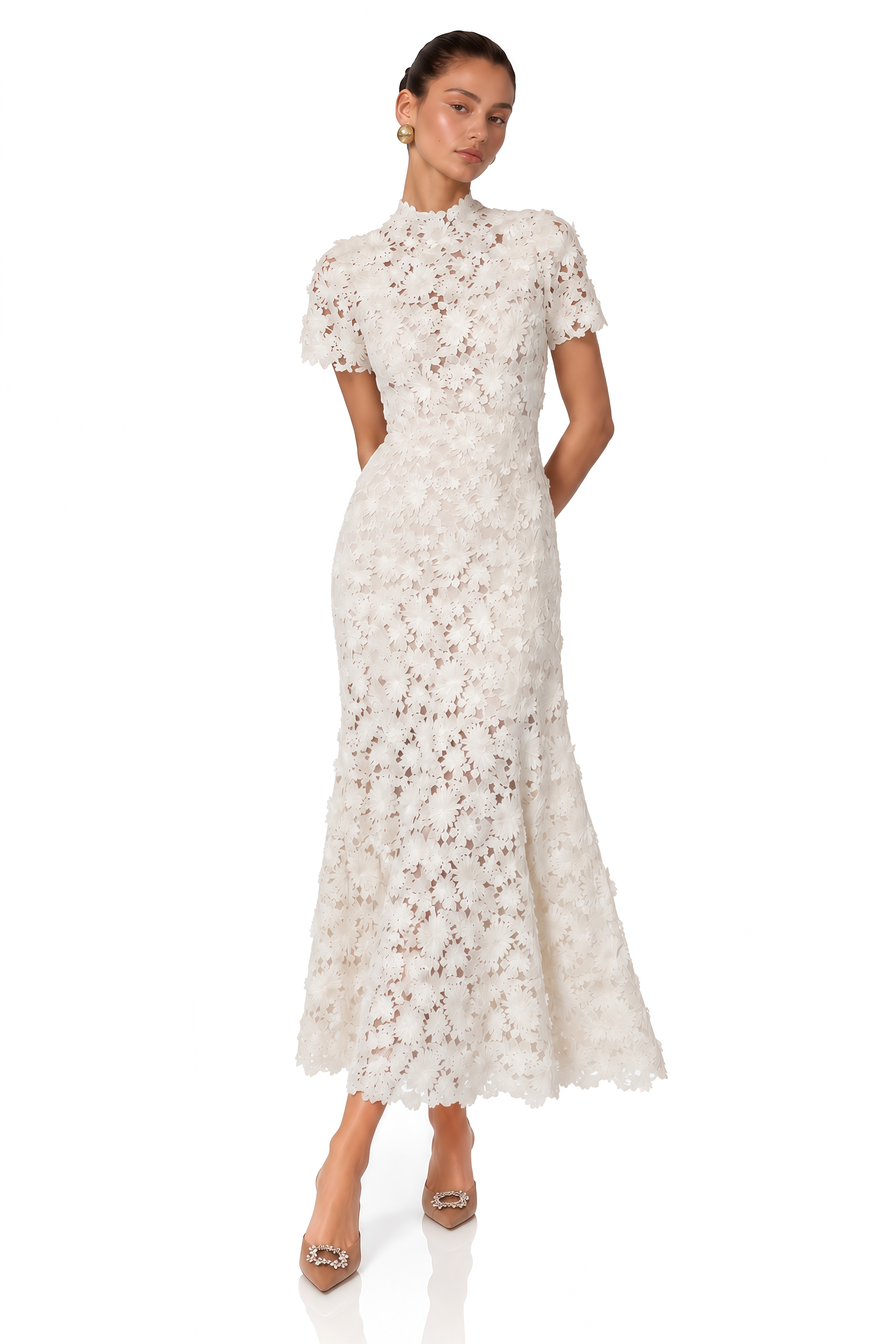 Zdena White Floral Lace Short Sleeve Midi Dress