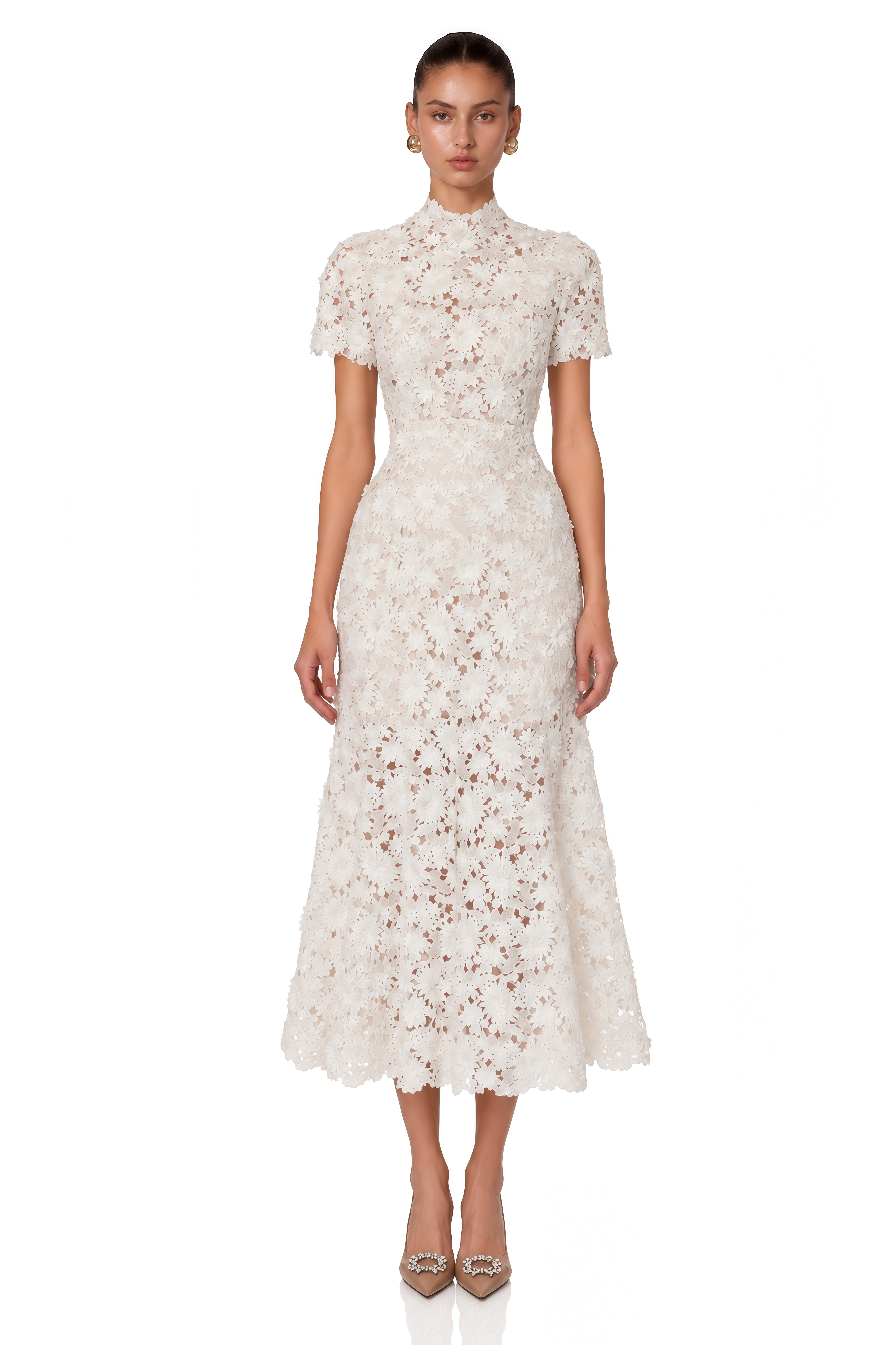Zdena White Floral Lace Short Sleeve Midi Dress