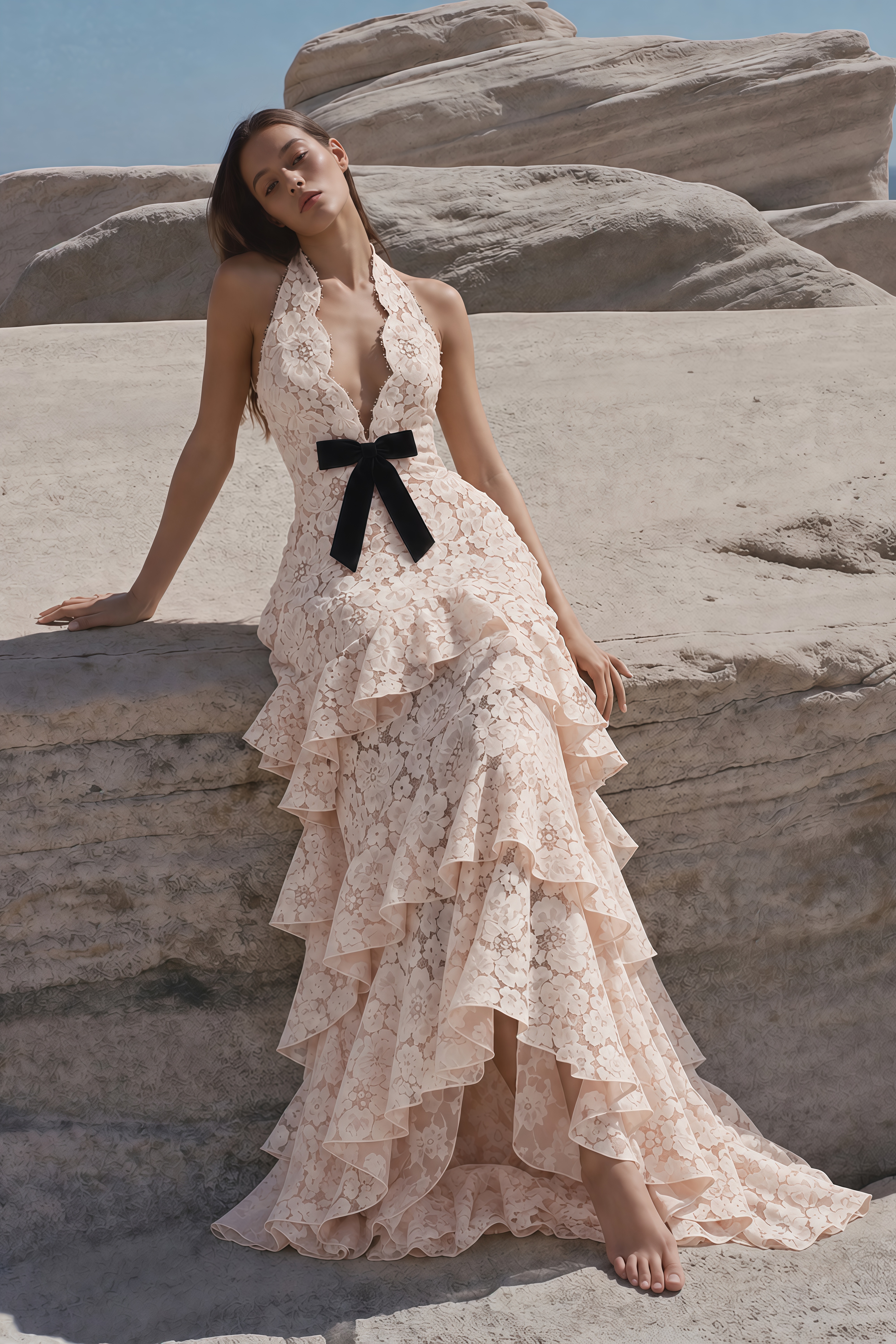 Zehra Beige Halterneck Tiered Lace Maxi Dress with Bow Detail