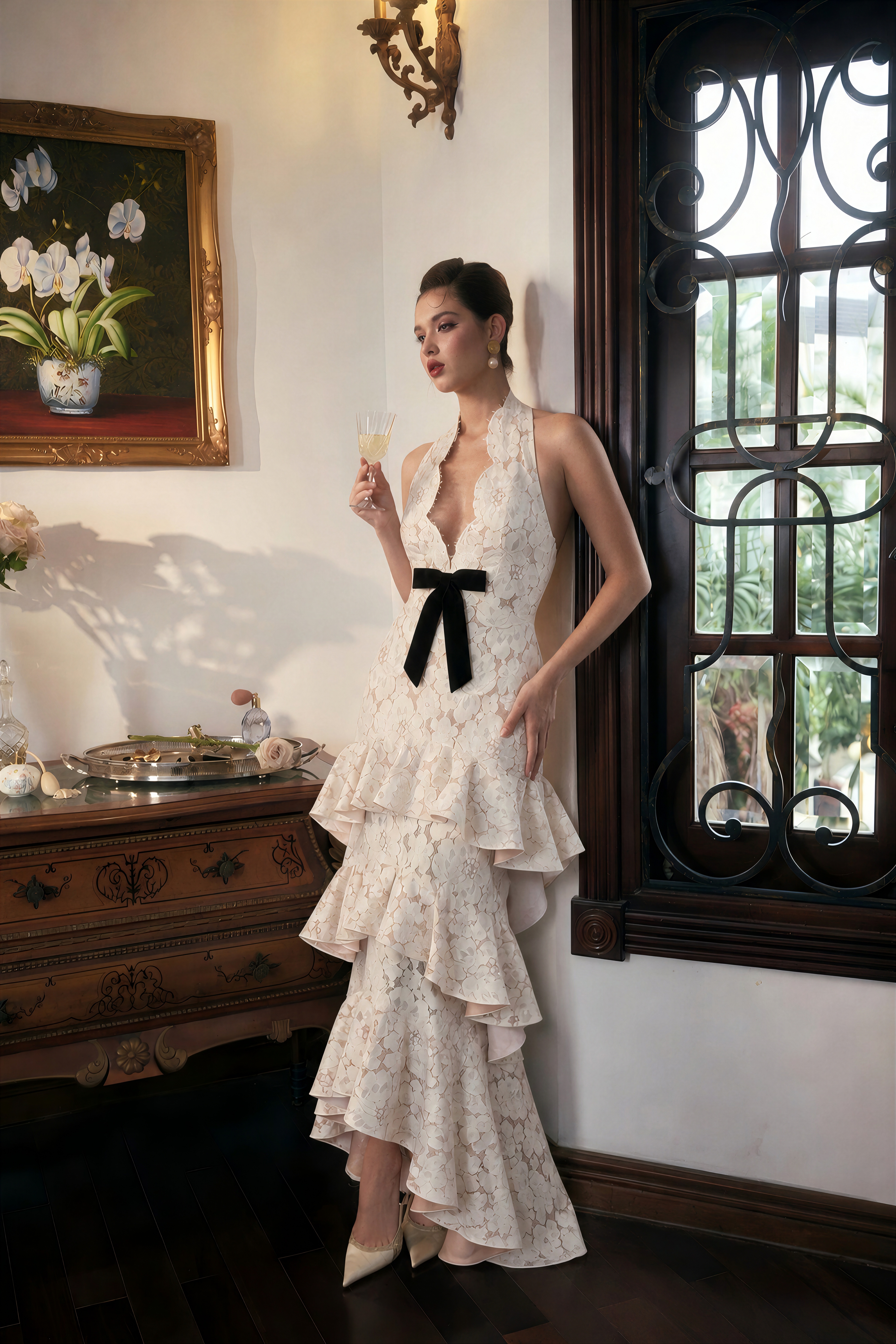 Zehra Beige Halterneck Tiered Lace Maxi Dress with Bow Detail