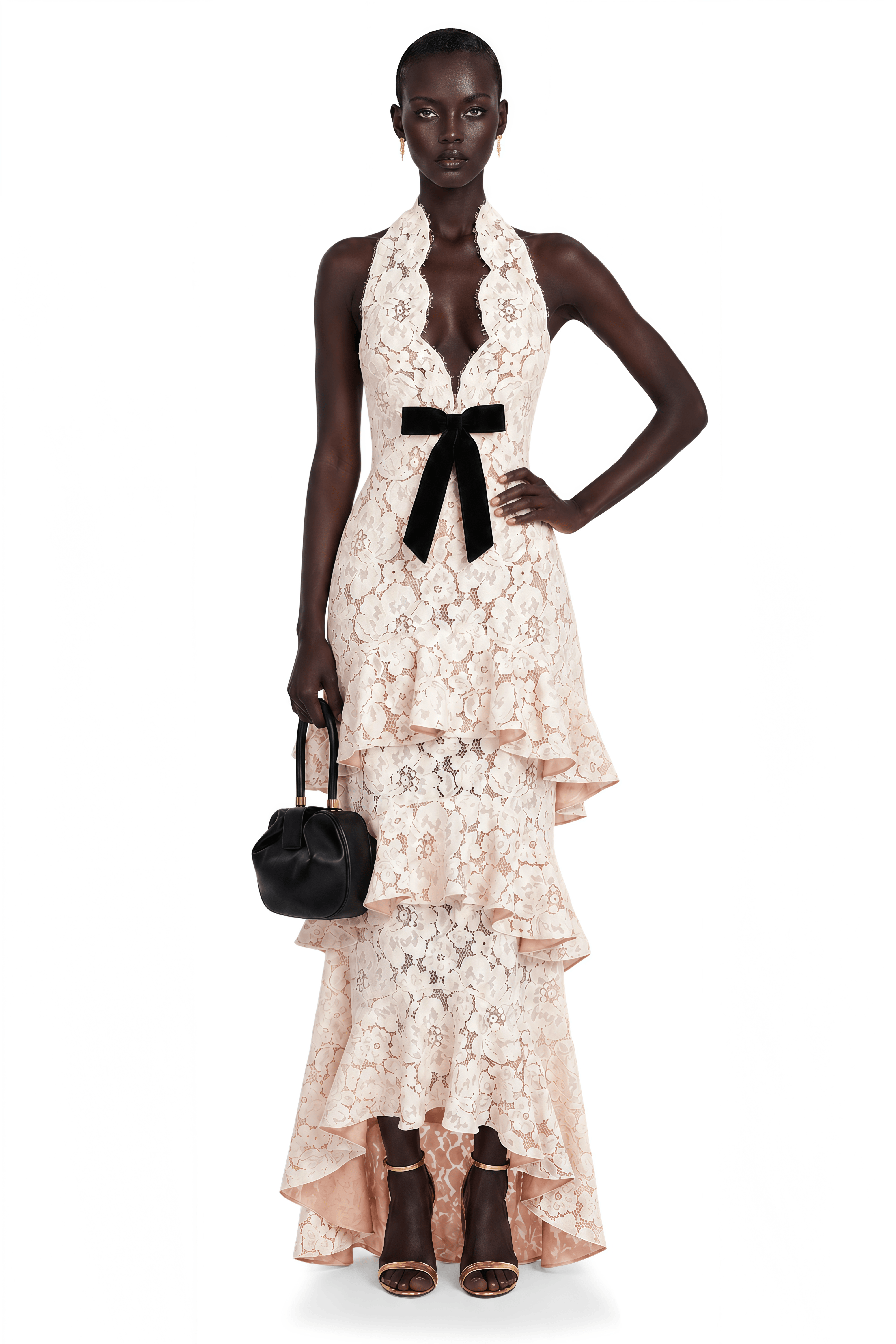 Zehra White Halterneck Tiered Lace Maxi Dress with Bow Detail