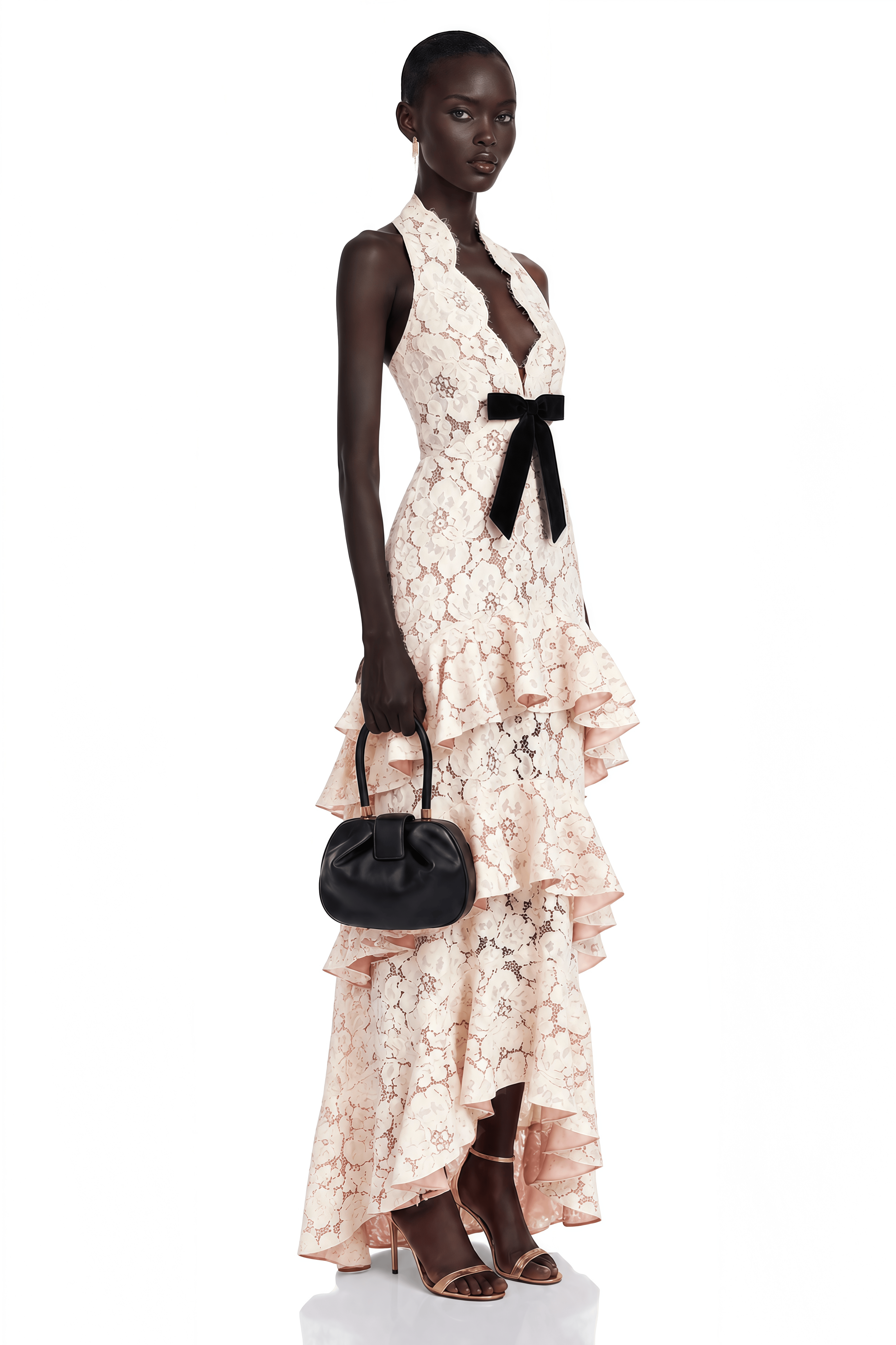 Zehra White Halterneck Tiered Lace Maxi Dress with Bow Detail