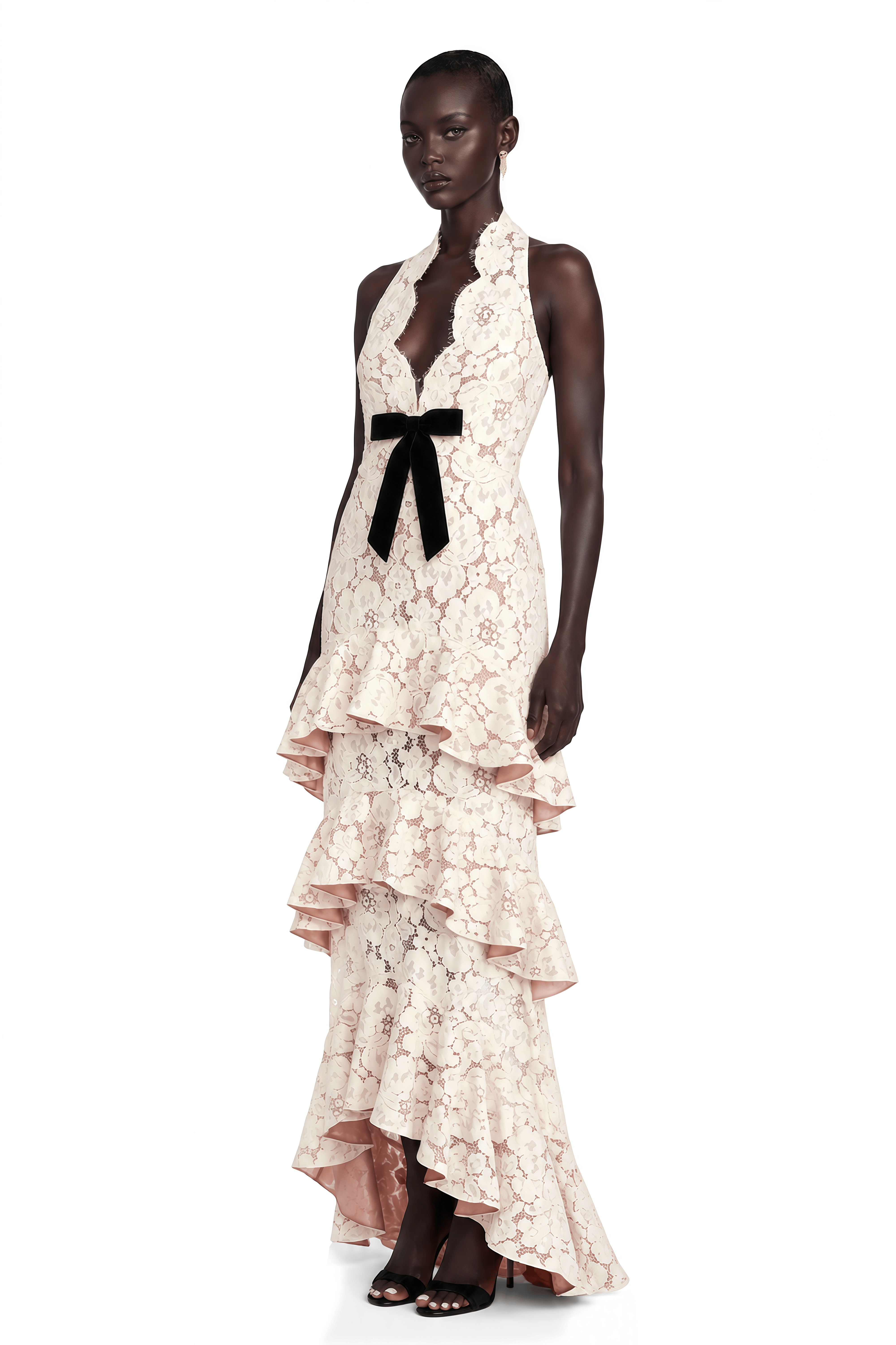 Zehra White Halterneck Tiered Lace Maxi Dress with Bow Detail