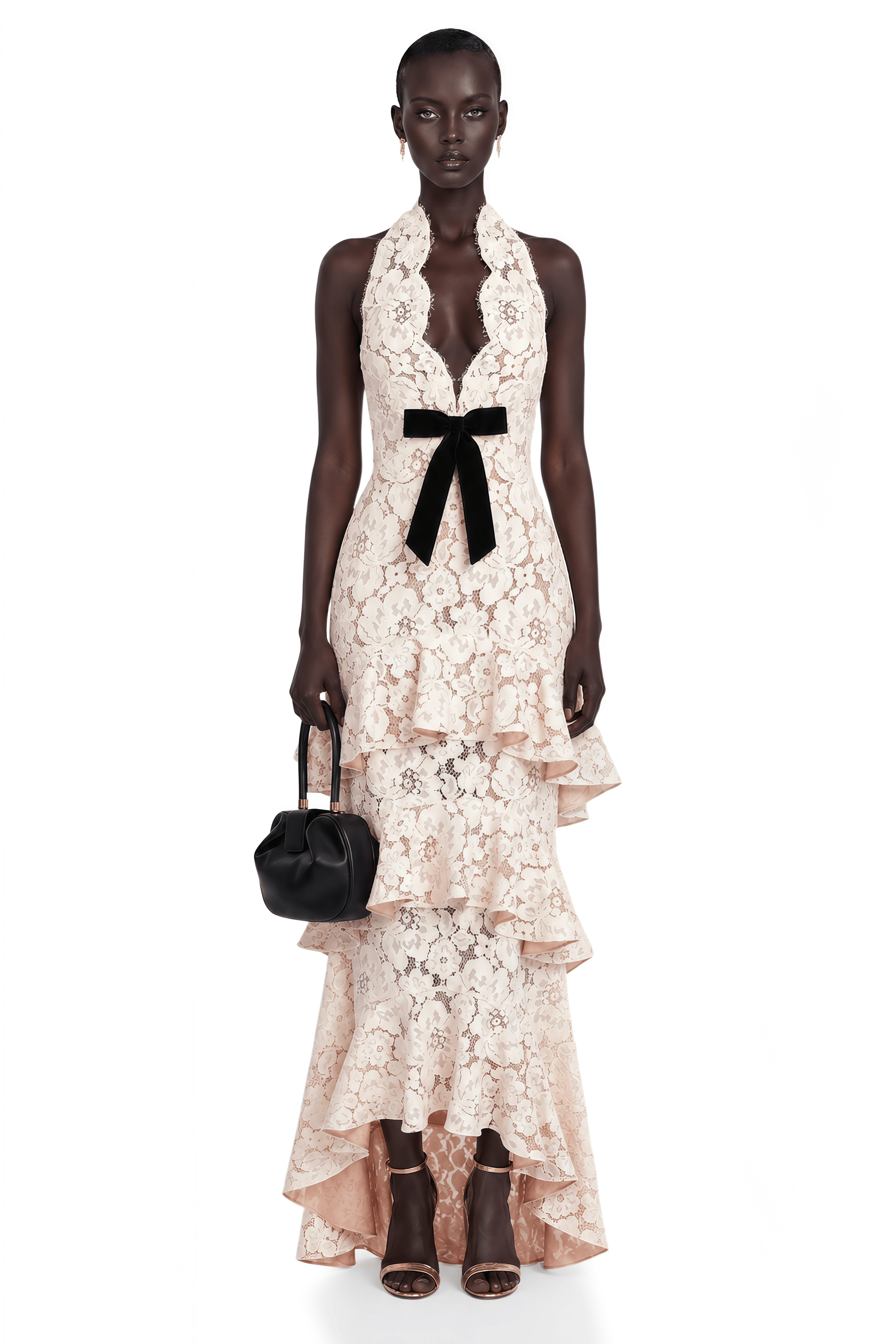 Zehra White Halterneck Tiered Lace Maxi Dress with Bow Detail