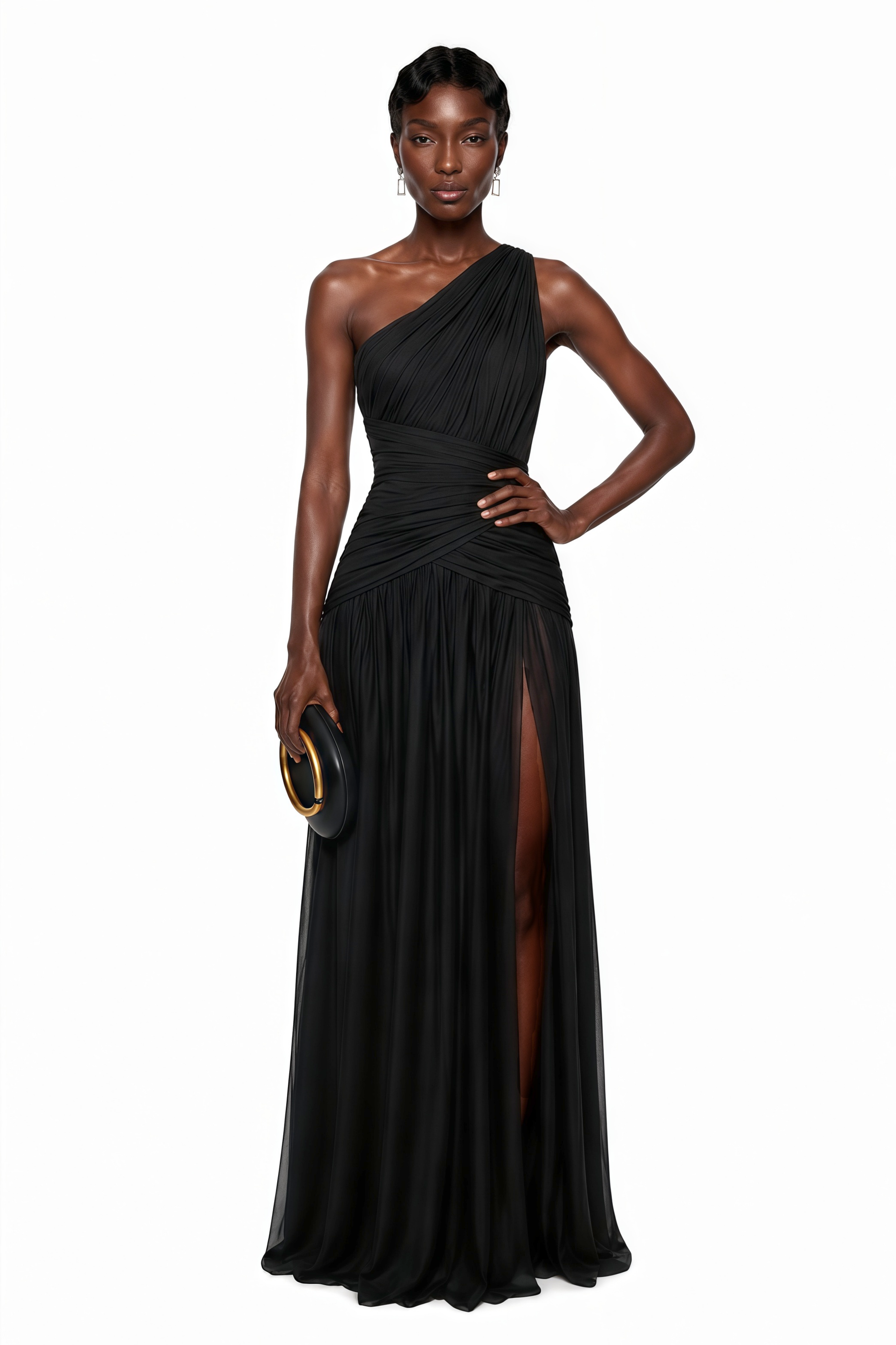 Black pleated one-shoulder maxi dress featuring a crisscross ruched bodice and a high thigh slit