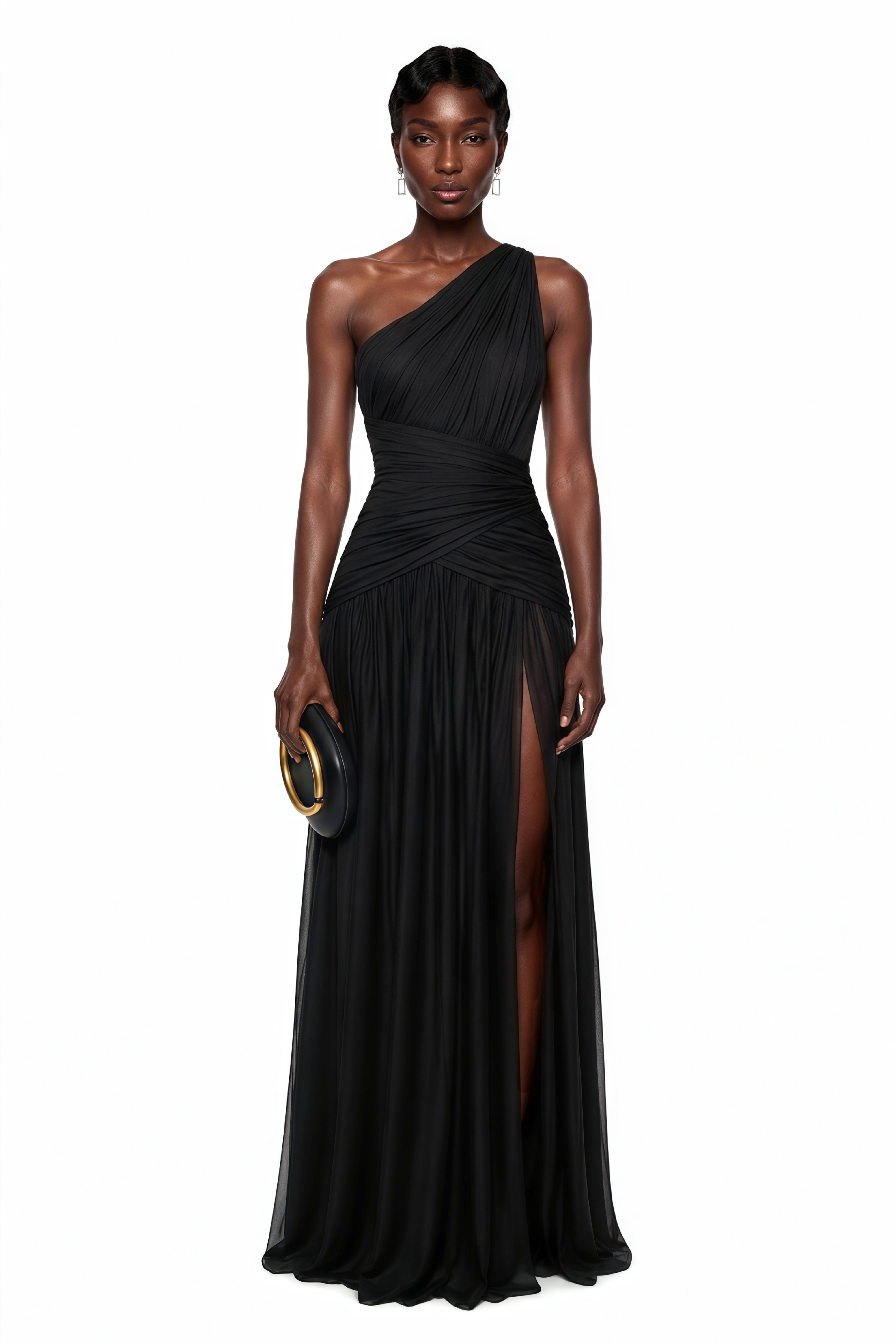 Black pleated one-shoulder maxi dress featuring a crisscross ruched bodice and a high thigh slit