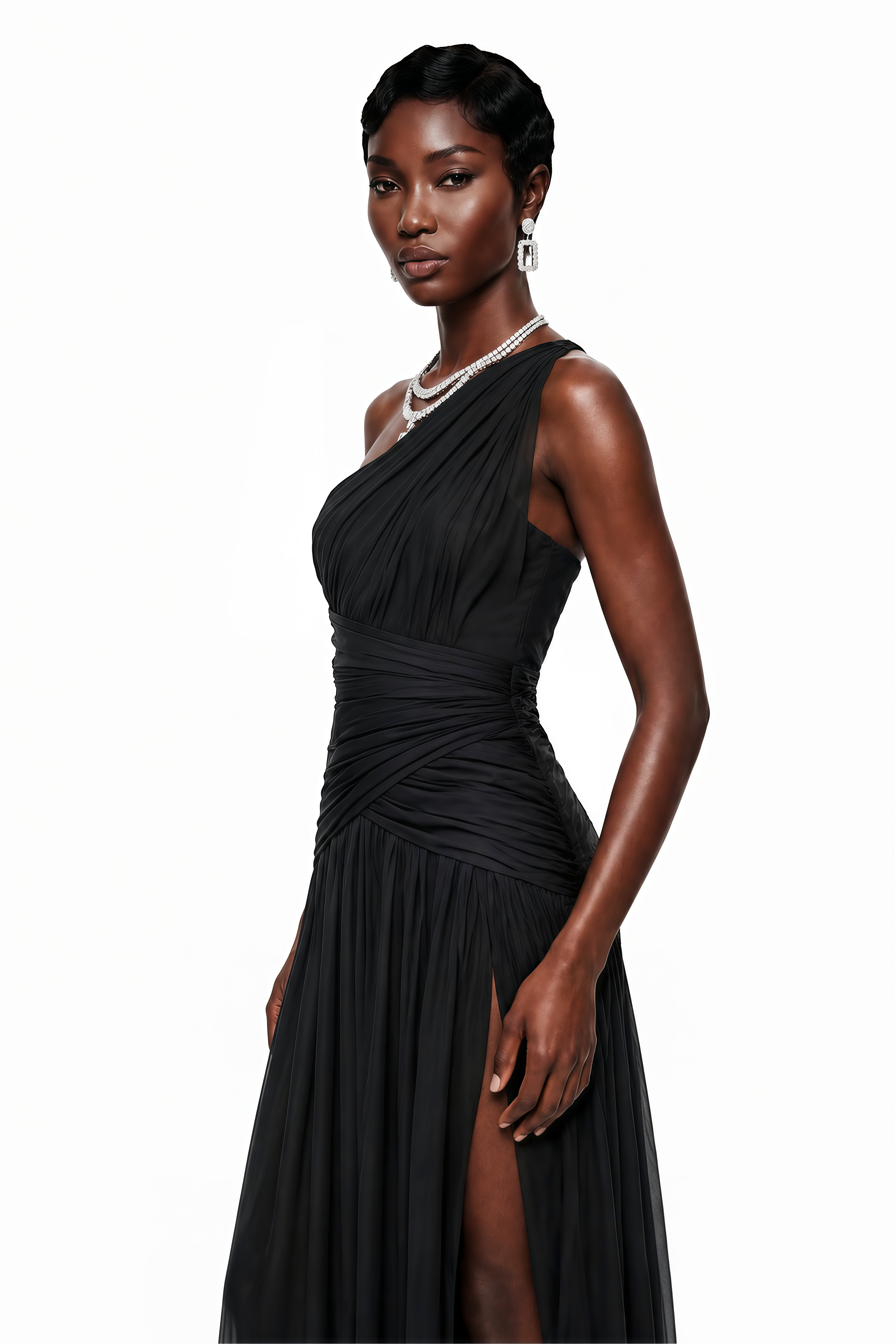 Black pleated one-shoulder maxi dress featuring a crisscross ruched bodice and a high thigh slit