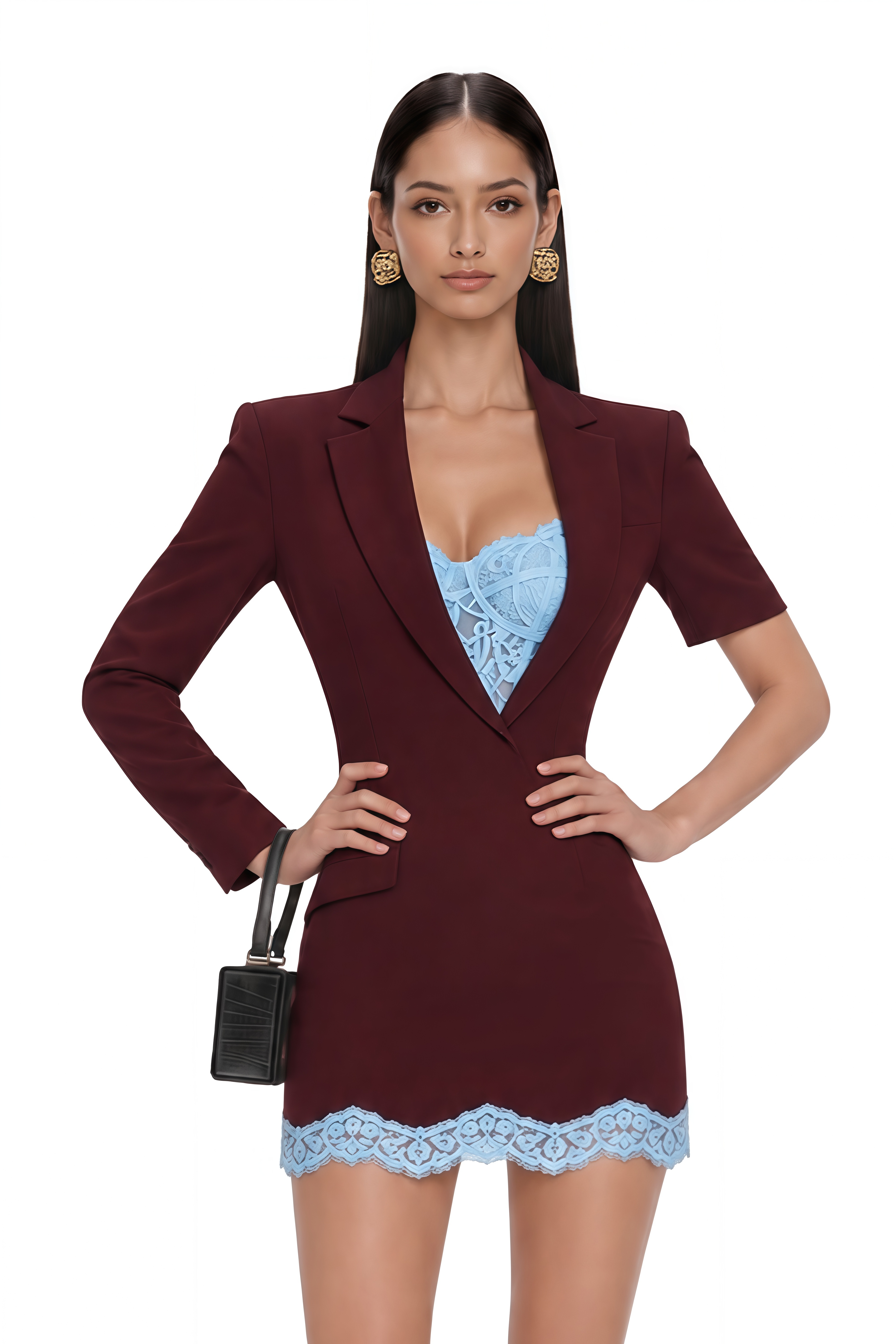 Zelina Burgundy Asymmetric Lace Blazer Mini Dress